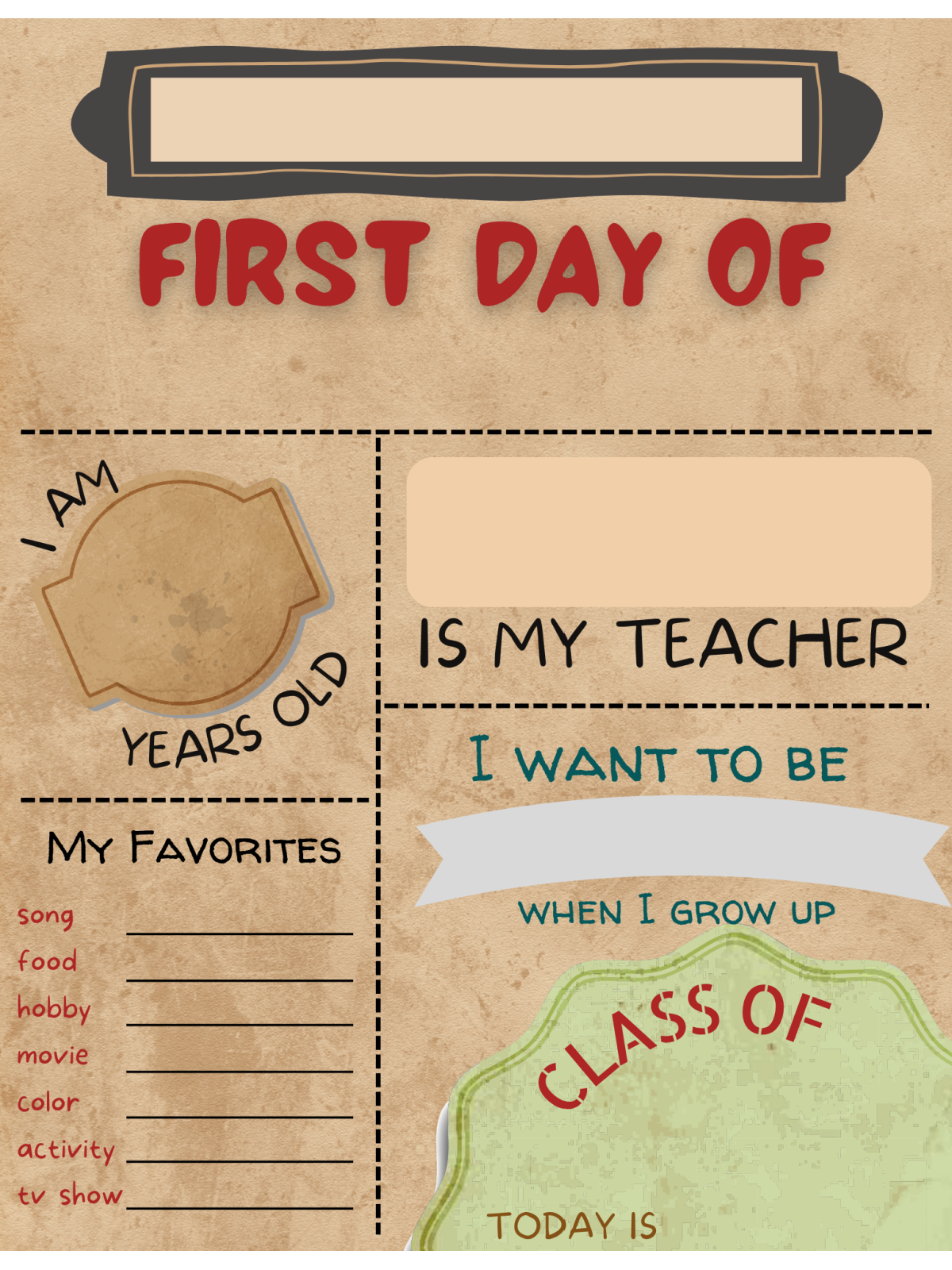 Back To School Signs- first printable tan with red, blanks and text - Kids Activities Blog
