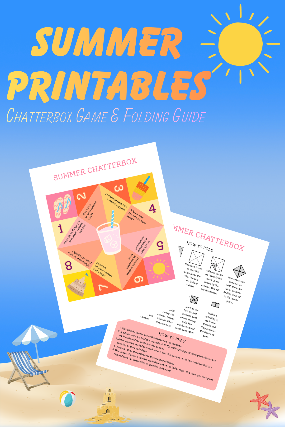 Summer Chatterbox- printables on a beach background with text - Kids Activities Blog