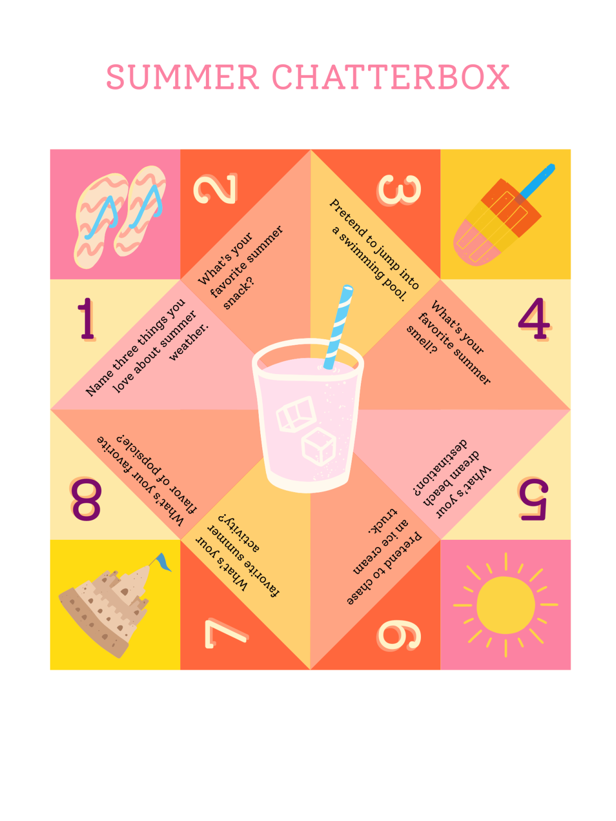 Summer Chatterbox - pink orange yellow chatterbox with text and images- Kids Activities Blog