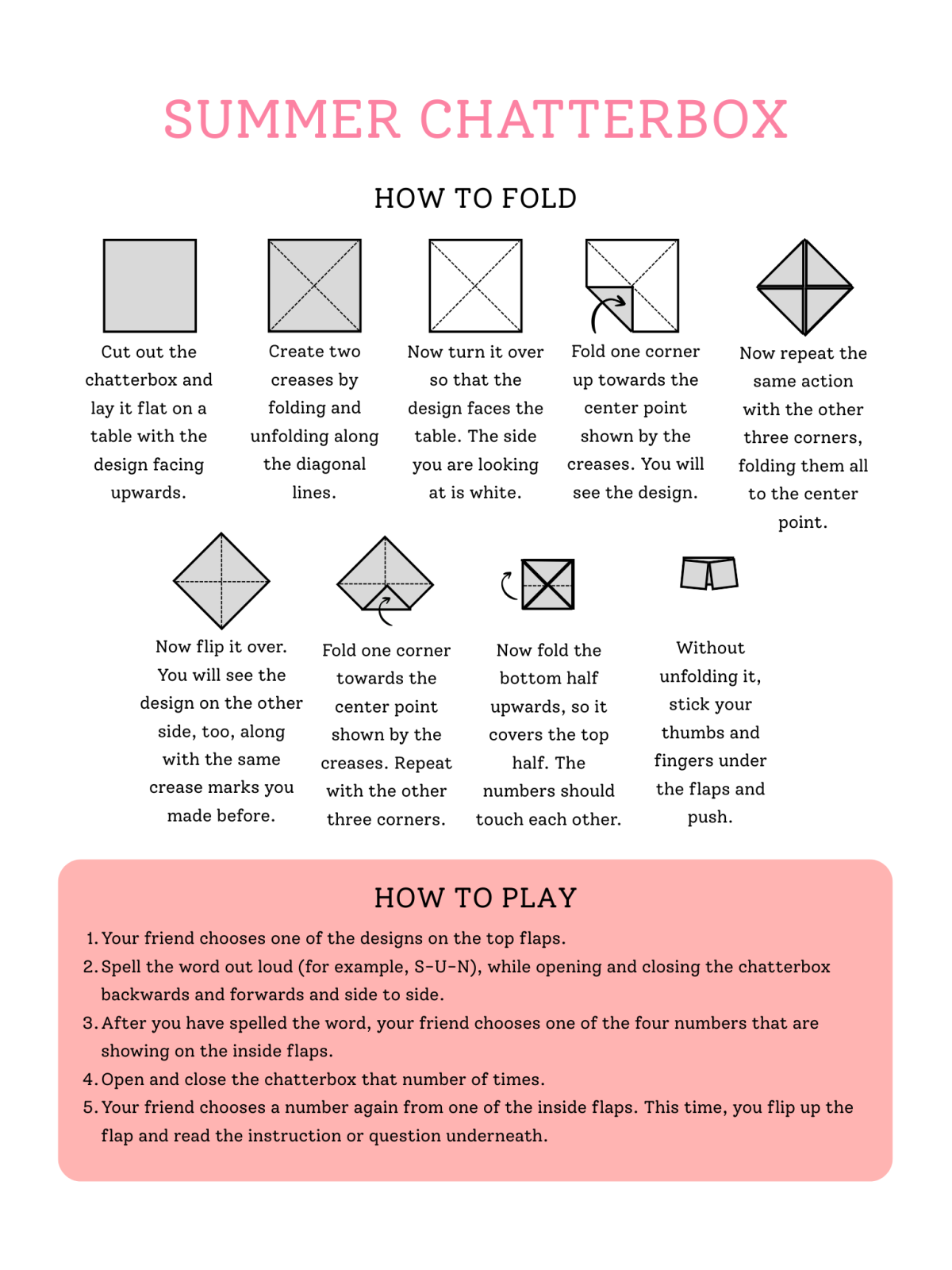 Summer Chatterbox - instruction manual black white and pink with text and images- Kids Activities Blog