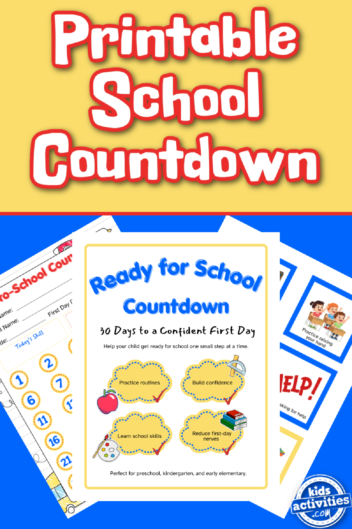 School Countdown- printables on a blue and yellow background - Kids Activities Blog