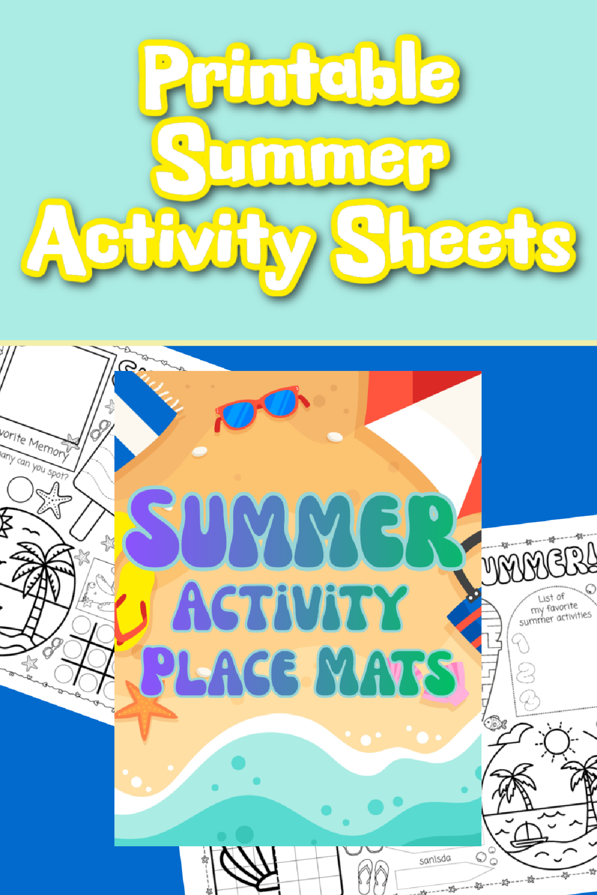 Summer placeMat- printables with blue background ombre words and yellow words-Kids Activities Blog