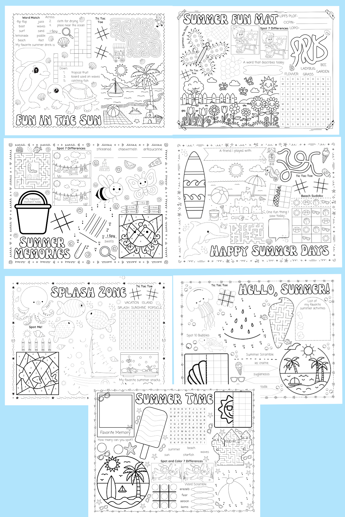 Summer placemat- blue background with black and white printed pdf files of printables -Kids Activities Blog