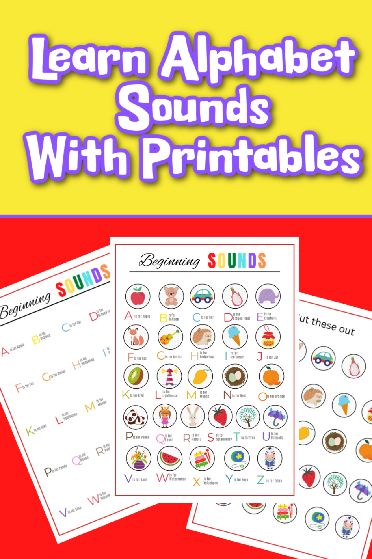 Beginner Sounds- 3 printable son a red yellow and purple background with text- Kids Activities blog