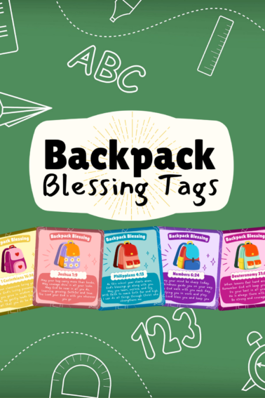 Backpack Tags- green school background chalk drawing with colorful cards and text- kids activities blog