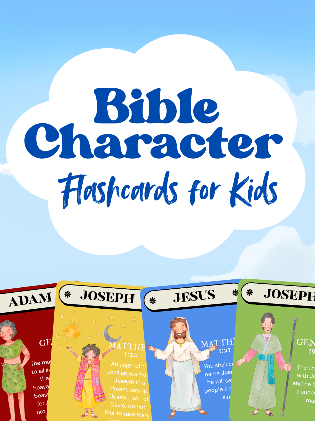 Bible Character Flashcards- Cover with cards, names, clouds, and text-Kids Activities Blog
