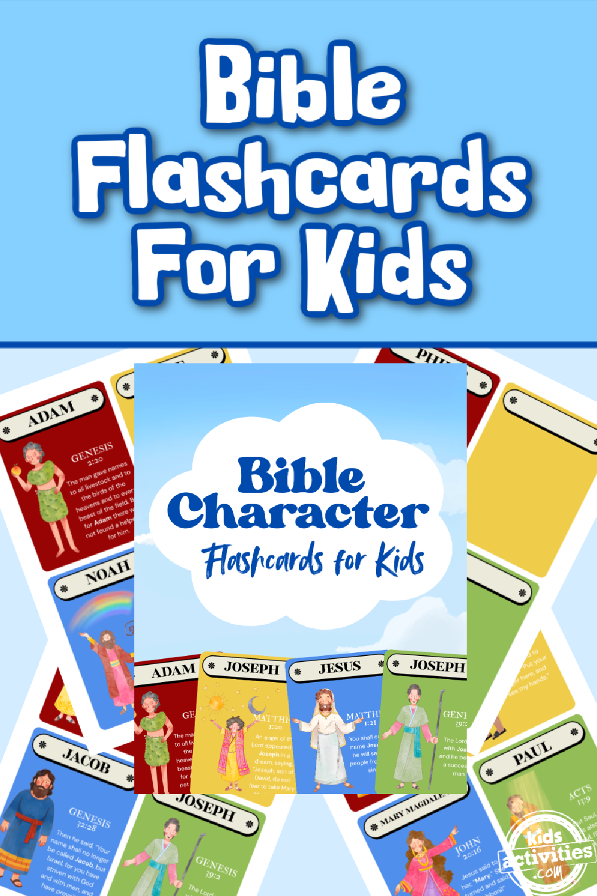 Bible Character Flashcards-  flashcards in yellow blue red and green with blue background and text-Kids Activities Blog