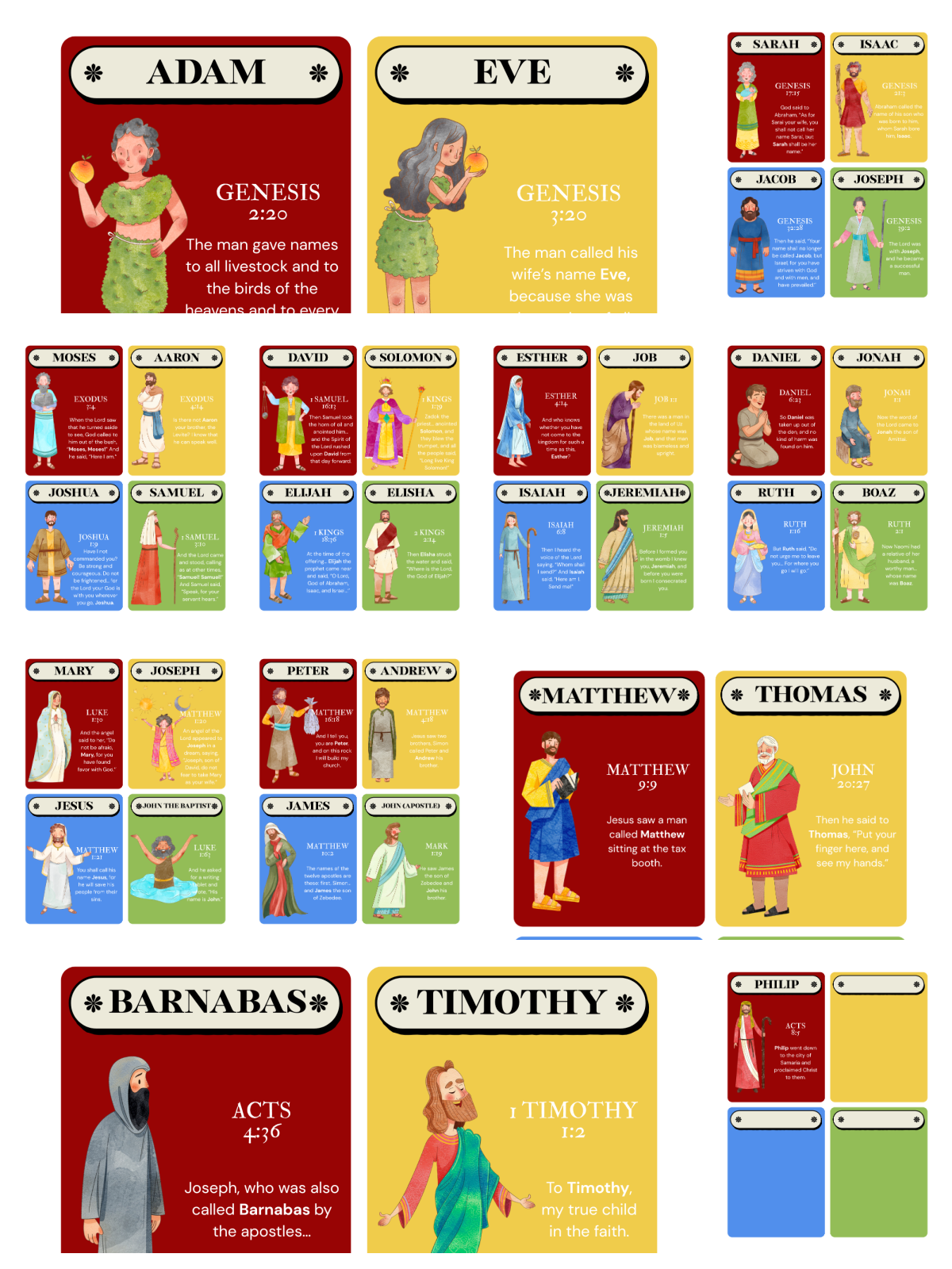Bible Character Flashcards- 11 pages of flashcards with people and text and red, yellow, blue, green-Kids Activities Blog