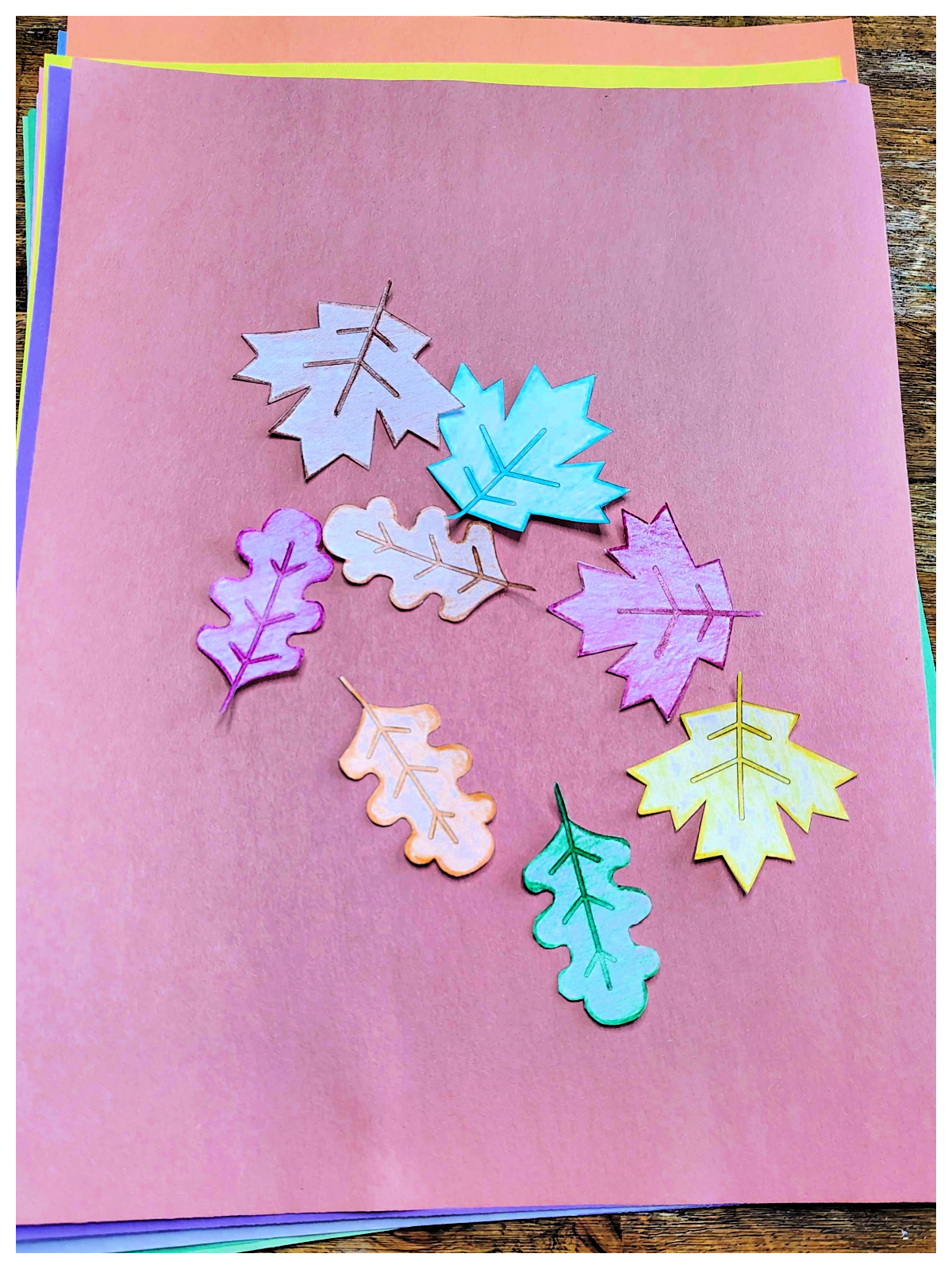Leaf Craft- Step 1 - leaves colored green red yellow and orange on a brown background- Kids Activities Blog