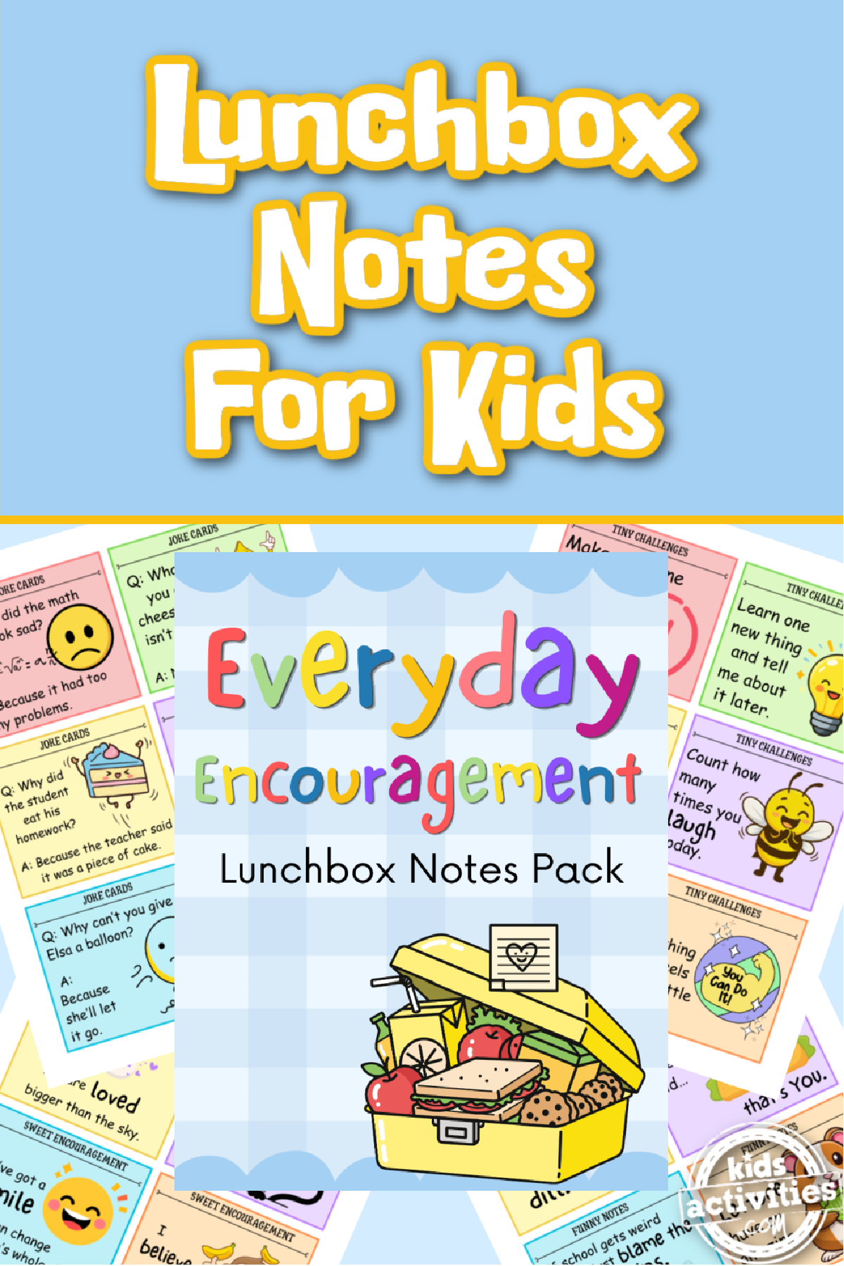 Lunchbox Notes- Printables against a blue background, school lunch images and text- Kids Activities Blog