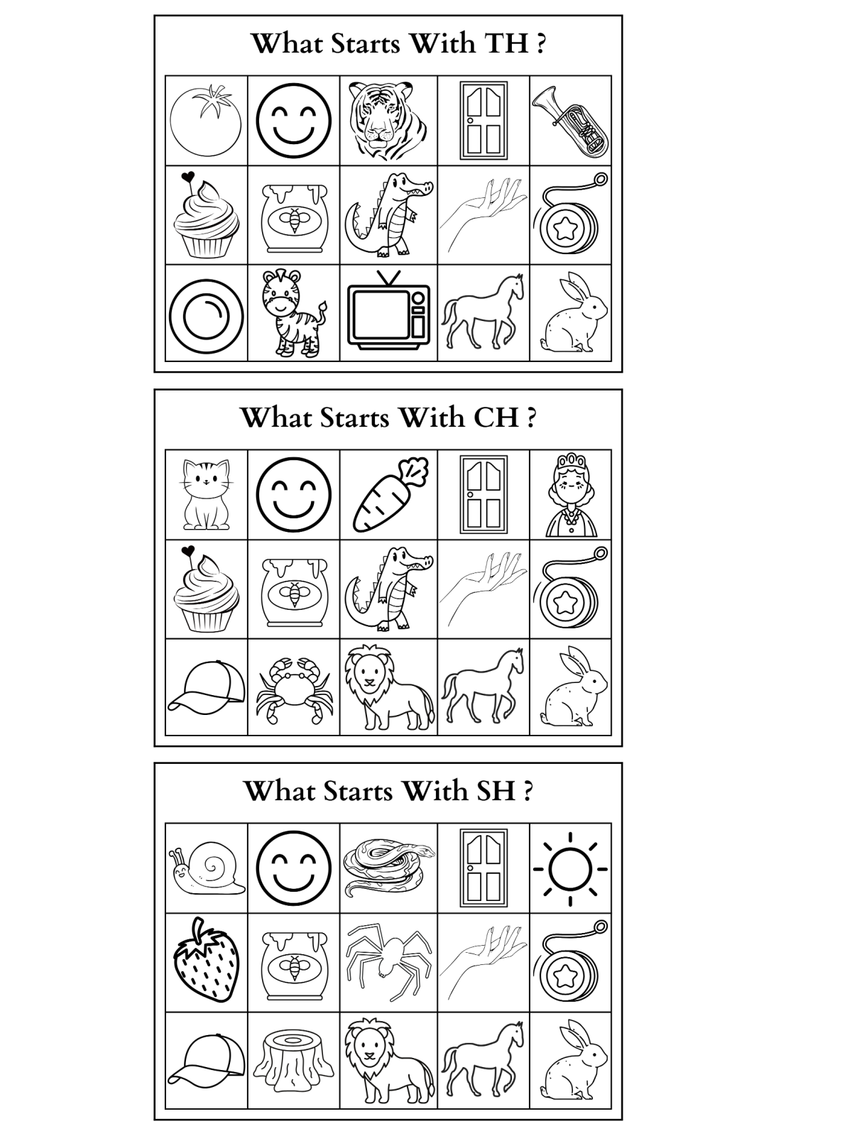 Alphabet Printables - pictures with ch, sh, th - Kids Activities blog