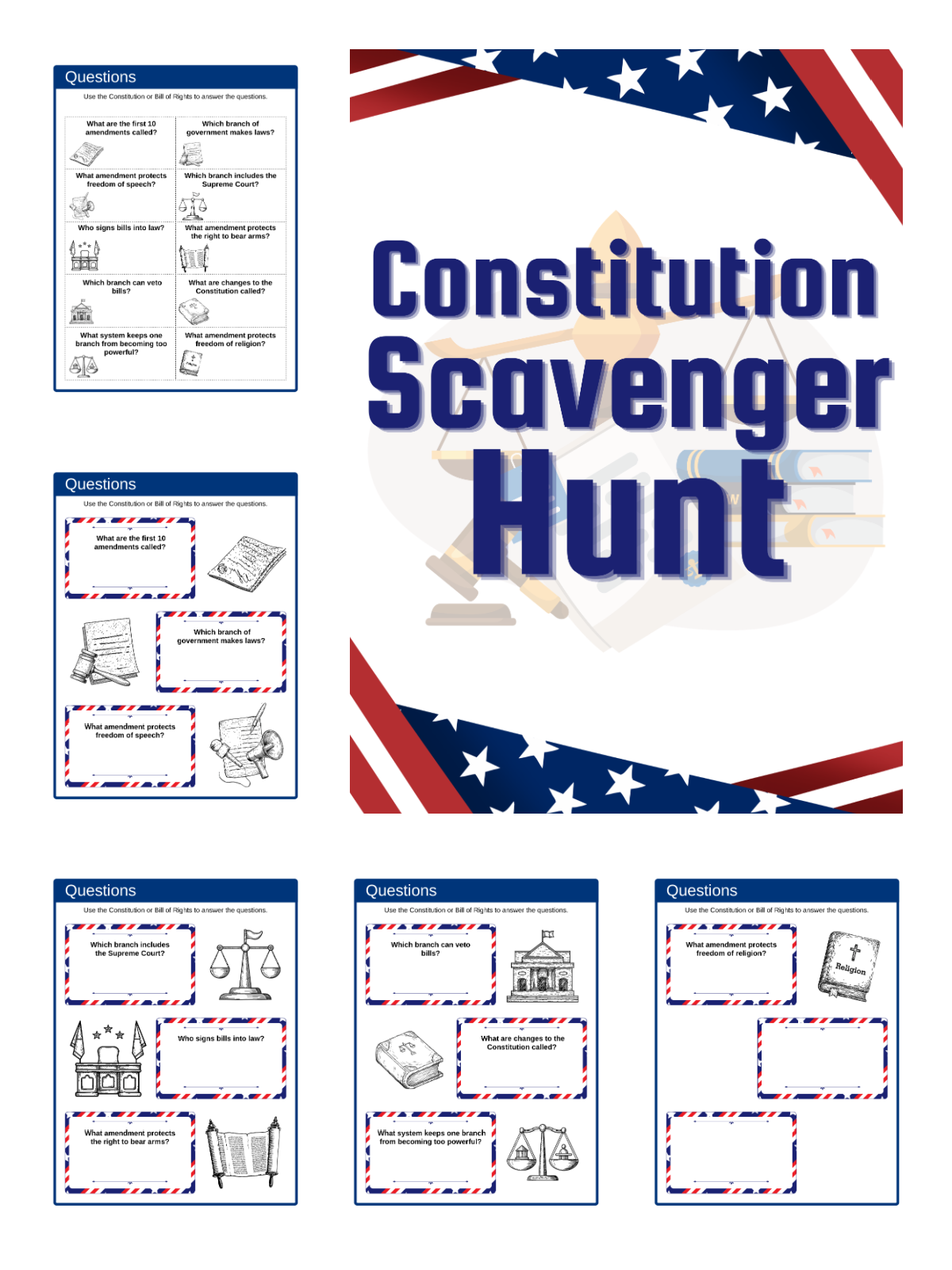 Constitution Day- scavenger hunt pages with red white and blue - Kids Activities Blog