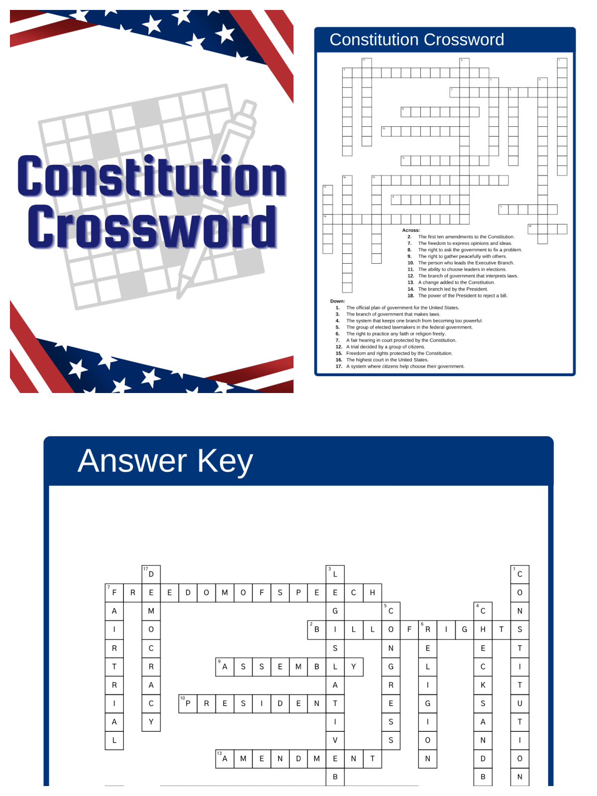 Constitution Day- constitution crossword puzzle with answer key - Kids Activities Blog