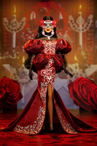 Day Of The Dead Barbie 2026- Barbie in red and white velvet dress black heels and pearl jewelry and mask - Kids Activities Blog