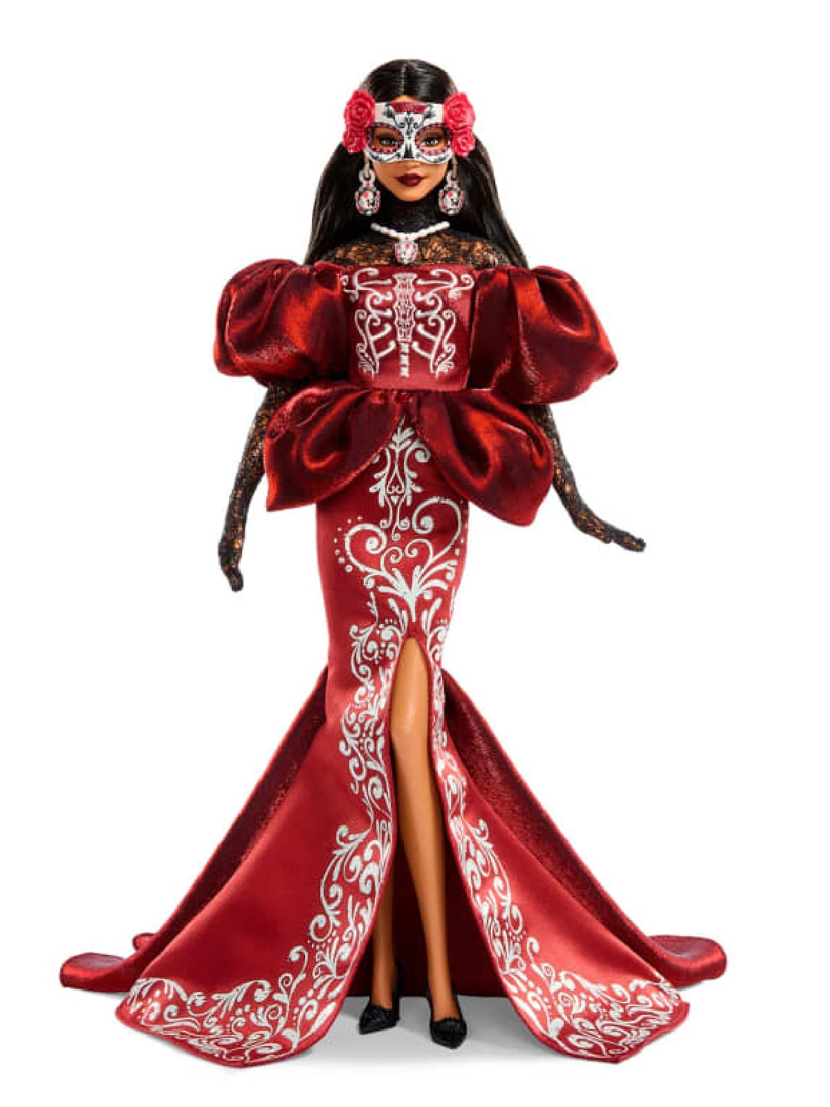 Day Of The Dead Barbie 2026- Barbie in red and white velvet dress black heels and pearl jewelry and mask - Kids Activities Blog