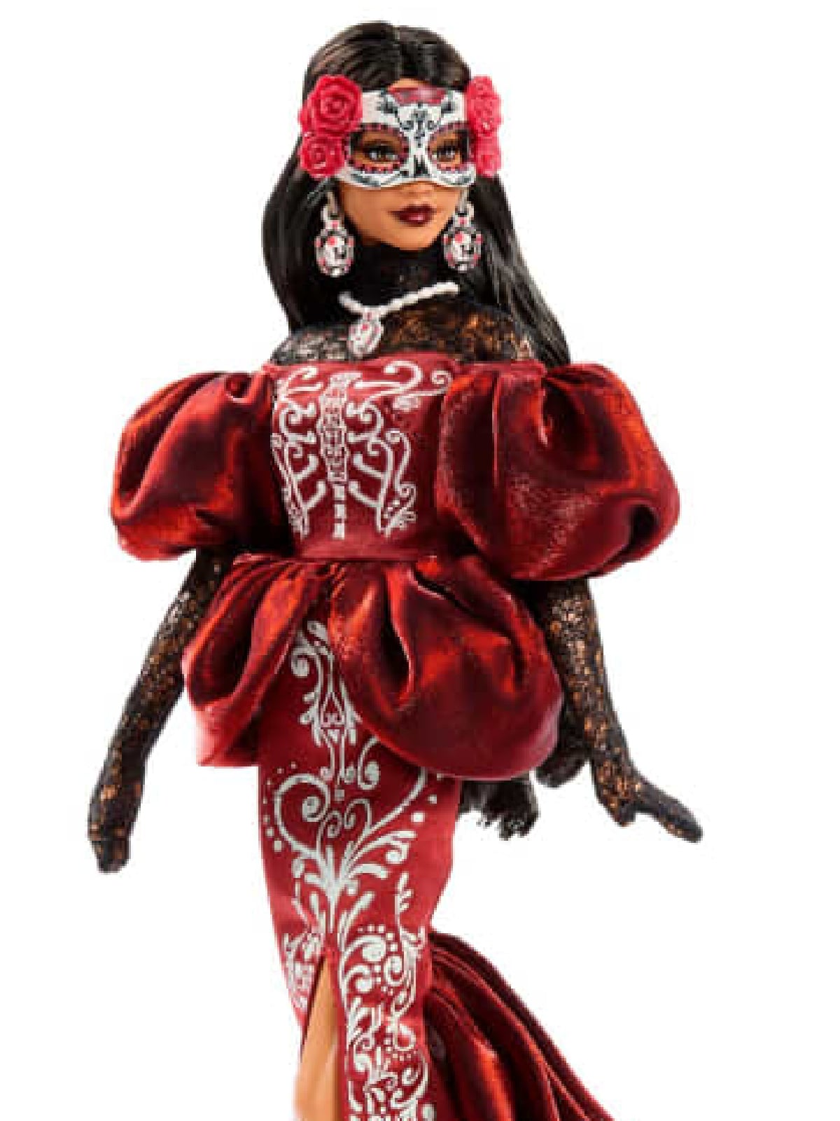 Day Of The Dead Barbie 2026- close up of red velvet puffy sleeves and black lace gloves- Kids Activities Blog