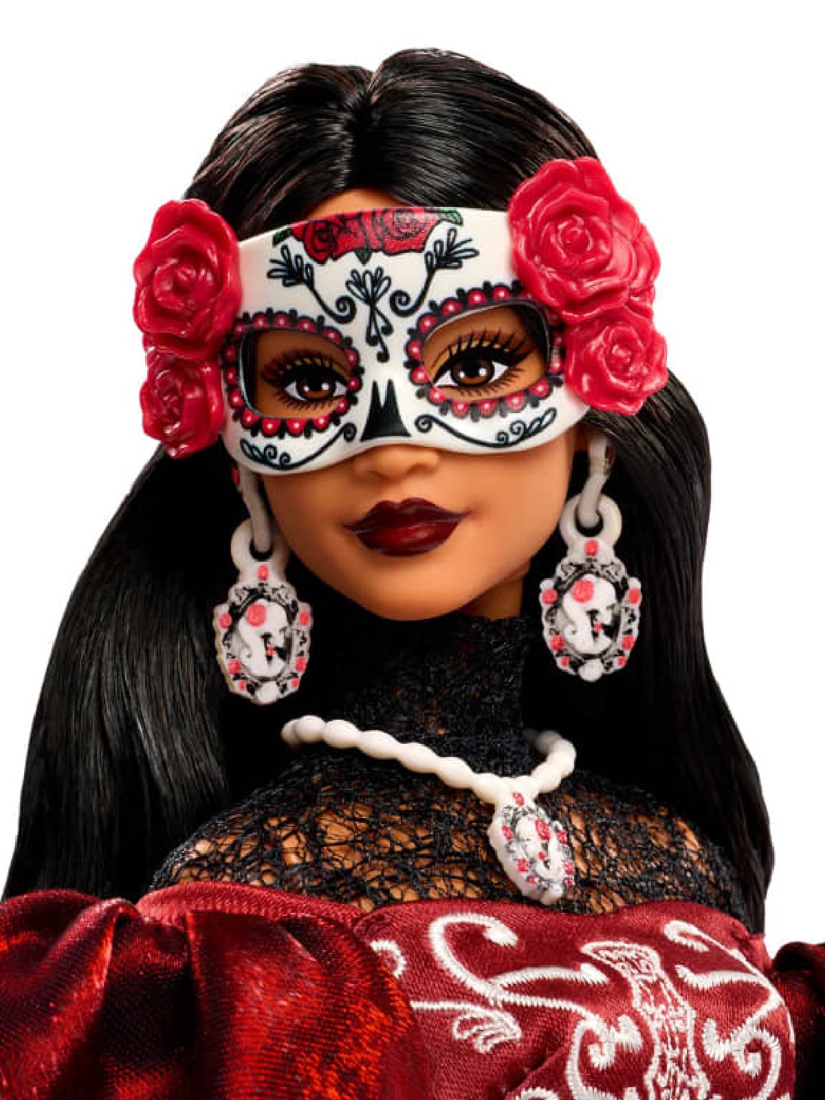 Day Of The Dead Barbie 2026- white mask with roses and black designs and silver jewelry on barbie - Kids Activities Blog