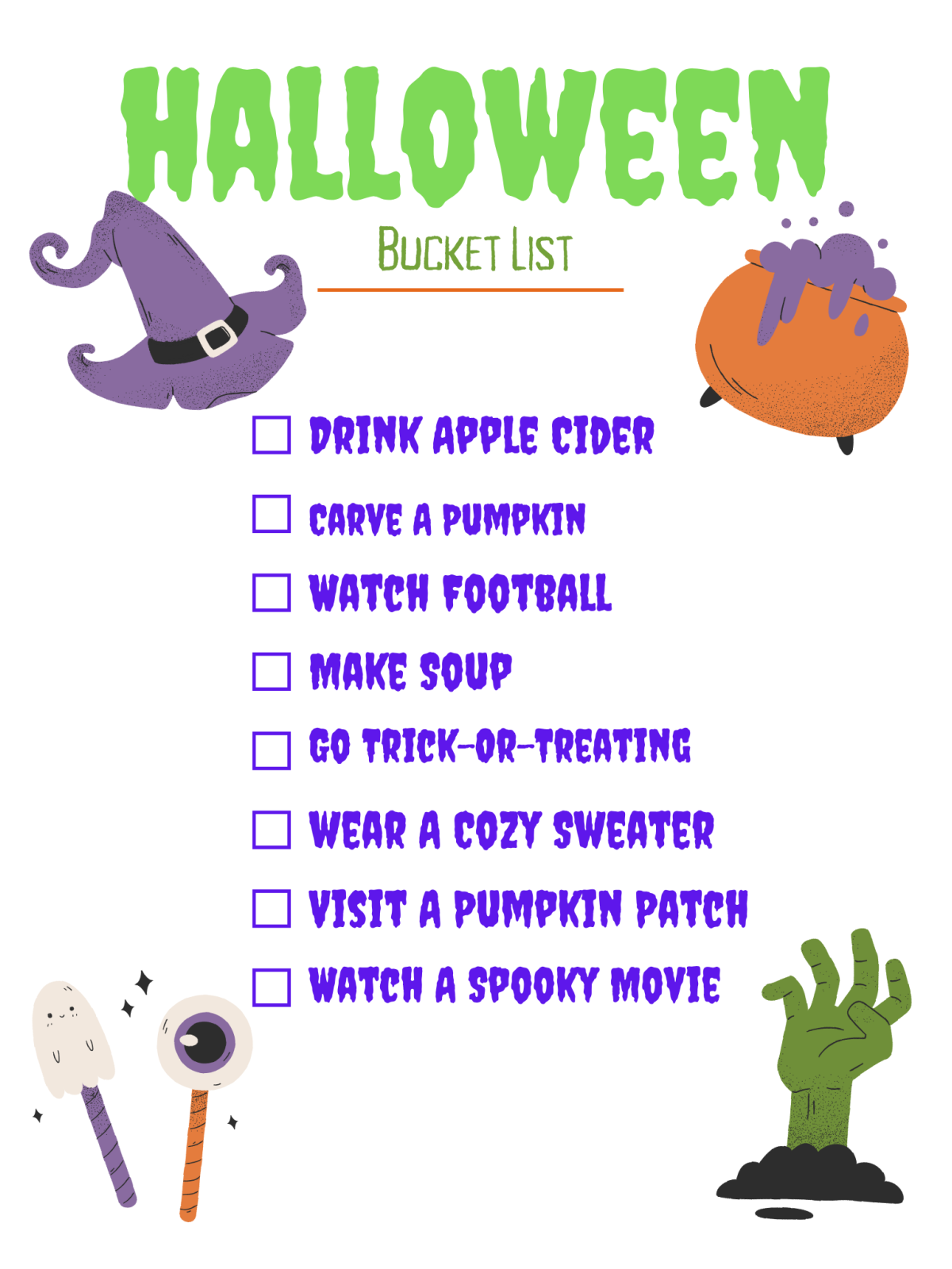 Halloween Bucket List- green and purple letters with spooky candy, zombie hand, cauldron, and witch hat- Kids Activities Blog