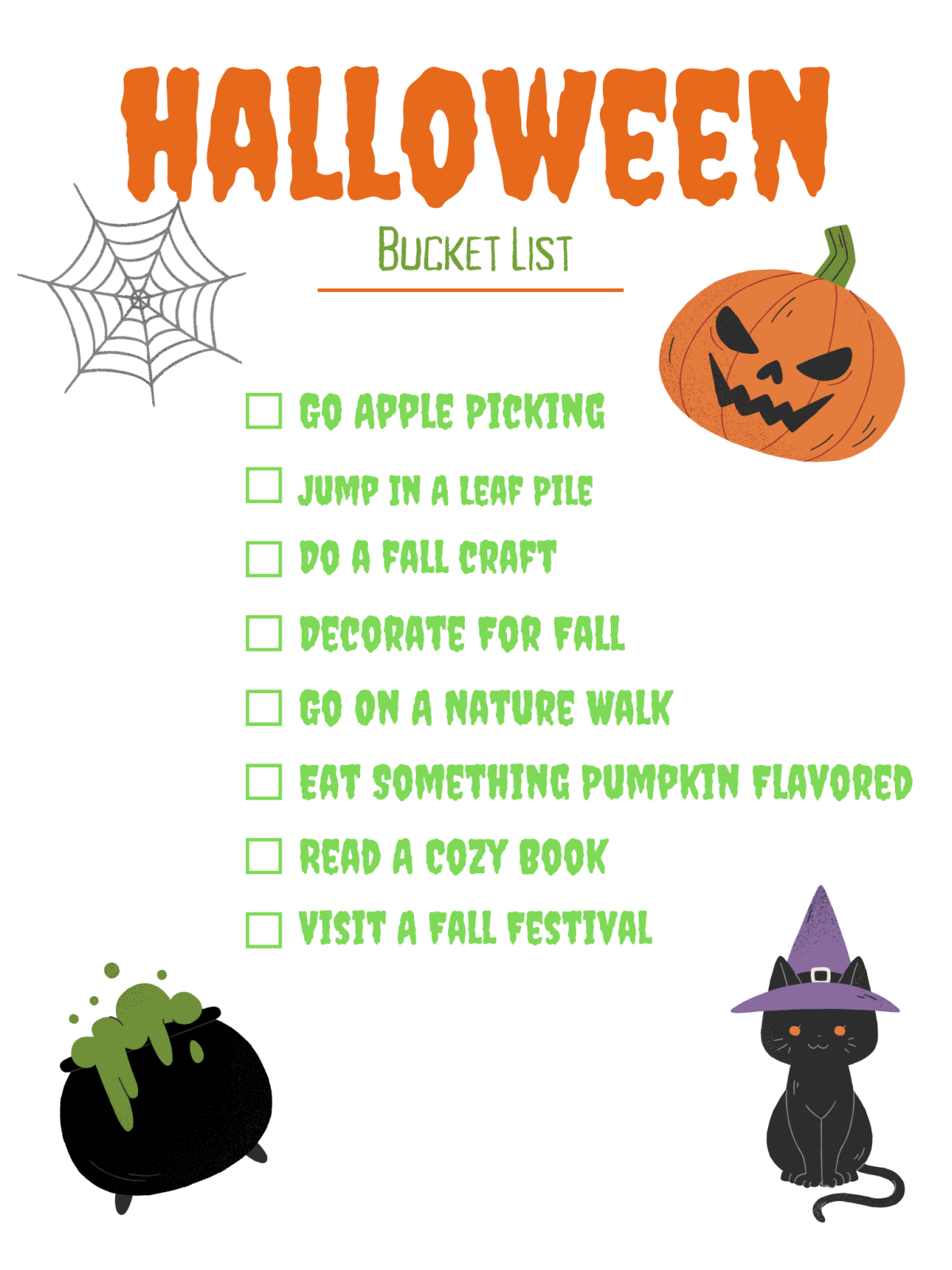 Halloween Bucket List- Orange and green writing with jackolantern, spider web, cauldron, zombie hand- Kids Activities Blog