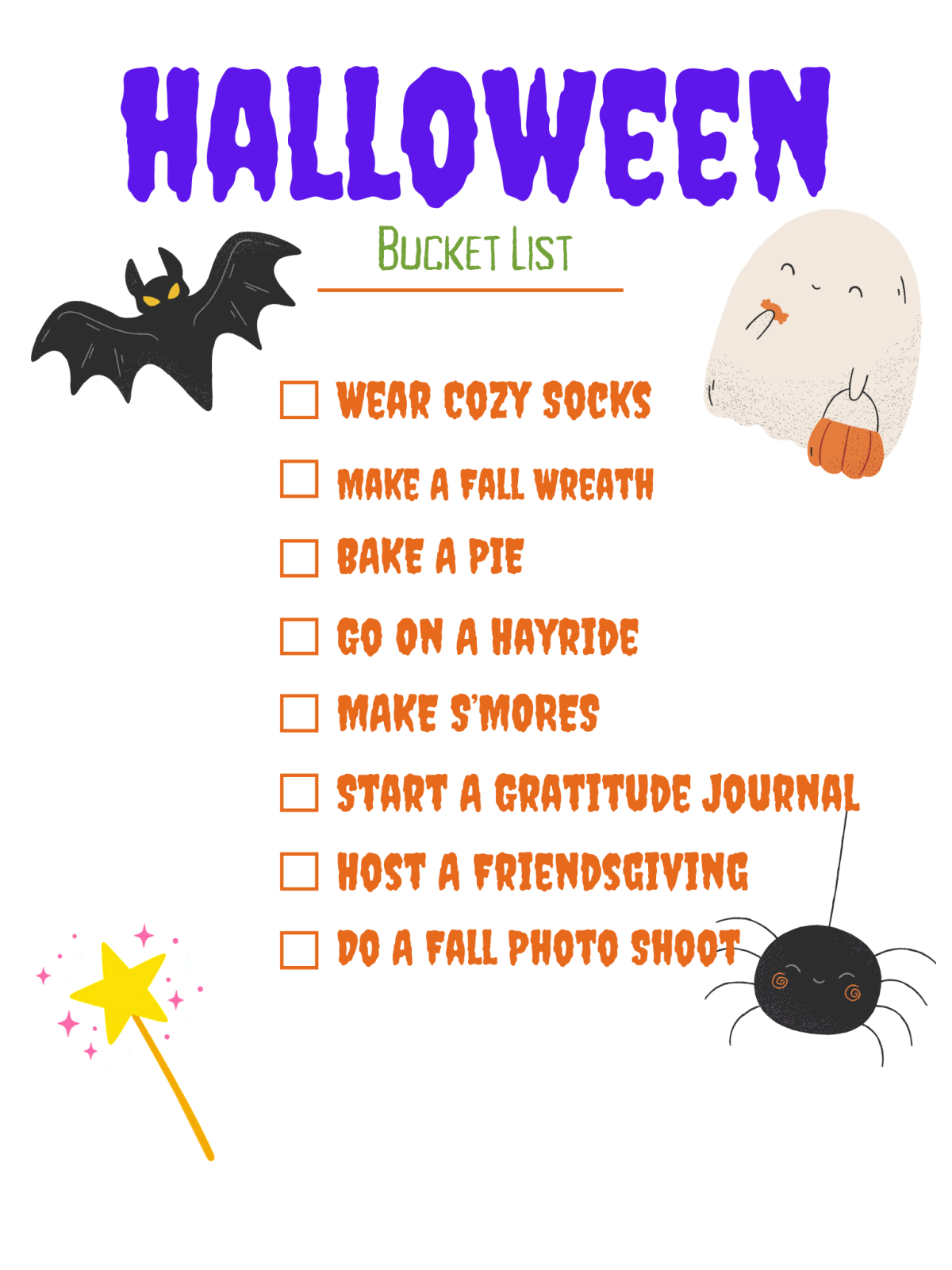 Halloween Bucket List- purple and orange words with a bat, ghost, magic wand and spider- Kids Activities Blog