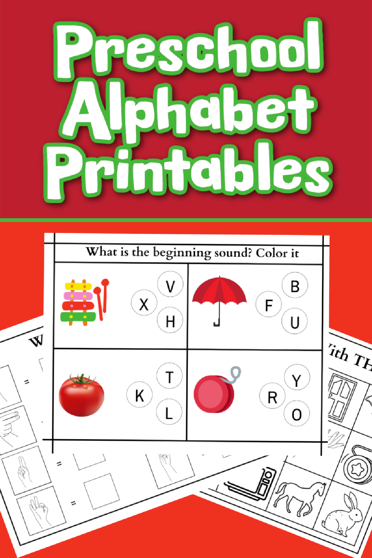 Alphabet Printables - colored and black and white printables on red background- Kids Activities blog