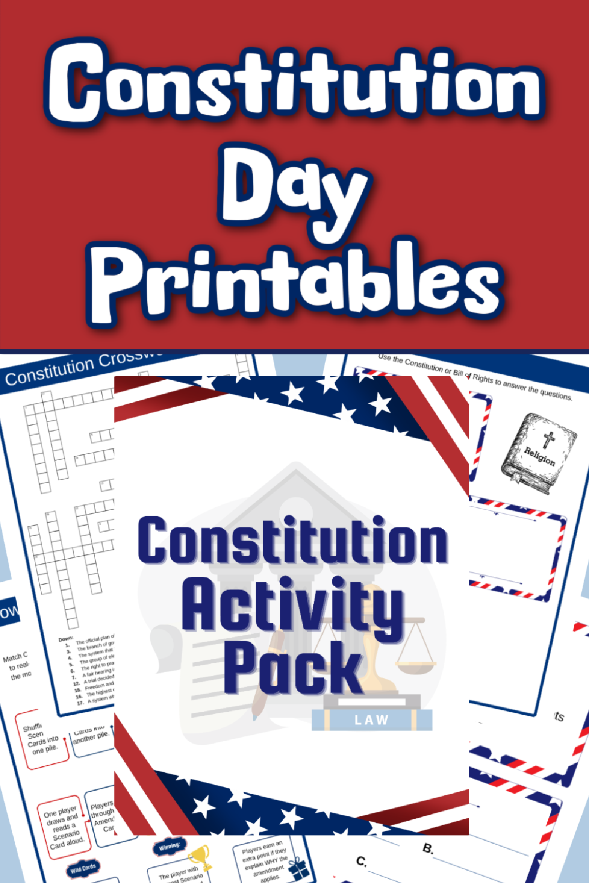 Constitution Day- printables on a red white and blue background - Kids Activities Blog