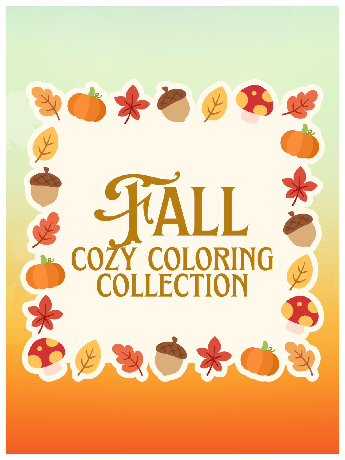 fall coloring book printable- Cover with leaves, acorn, mushroom, pumpkin and words- Kids activities blog