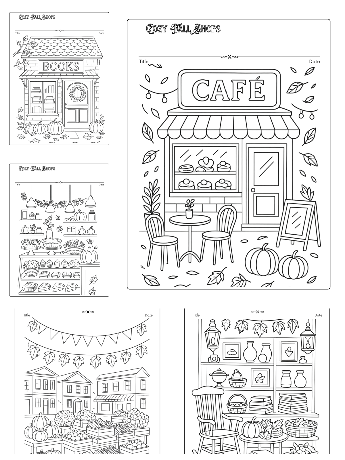 fall coloring book printable- cozy cafe with coffee shop, bakeries, pies, and pumpkins- Kids activities blog