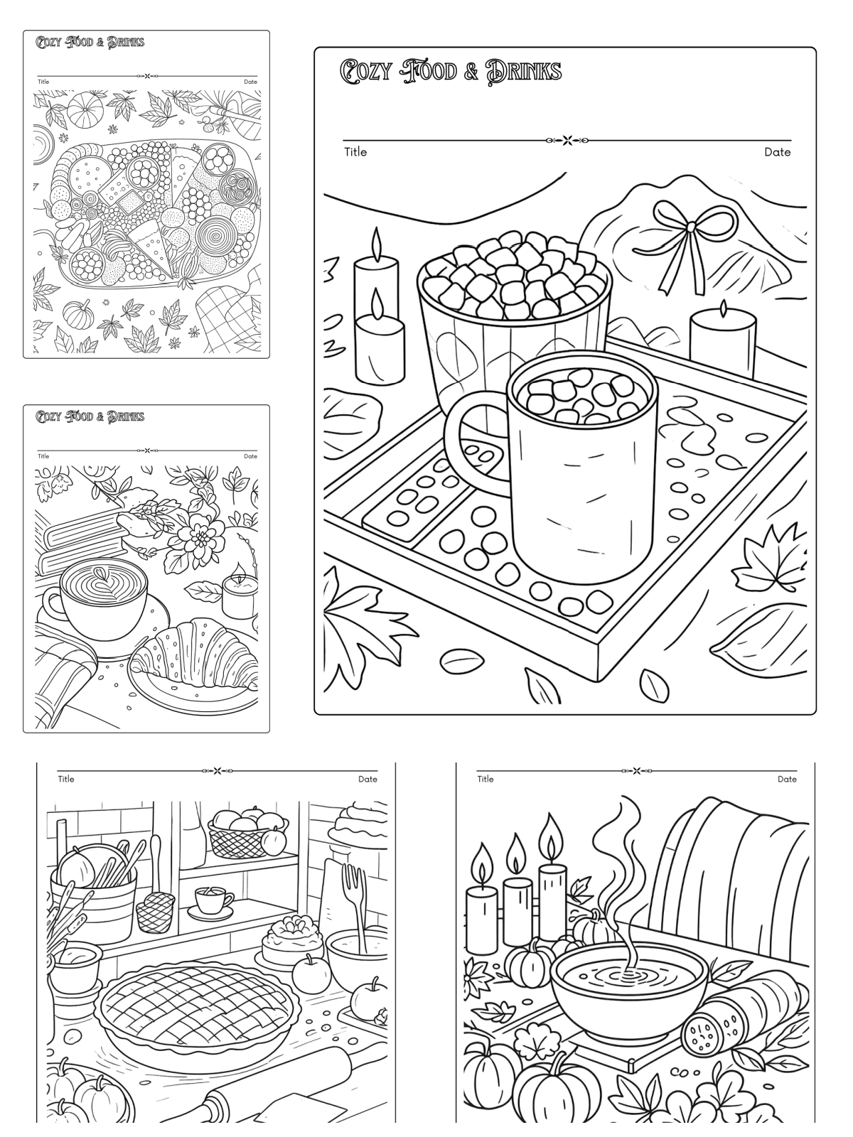 fall coloring book printable- autumn food with cocoa pie, lattes, and charcuterie - Kids activities blog