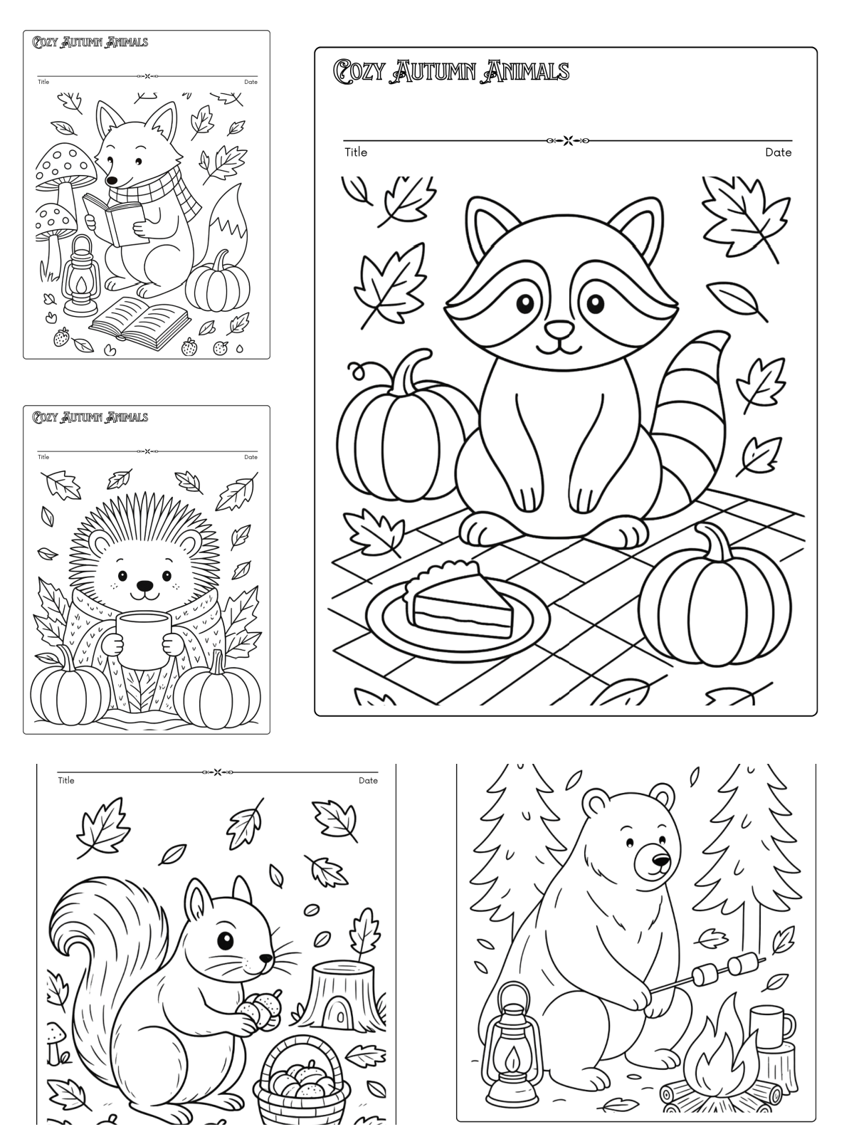 fall coloring book printable- cozy animals with porcupine, racoons, bears, and fox- Kids activities blog