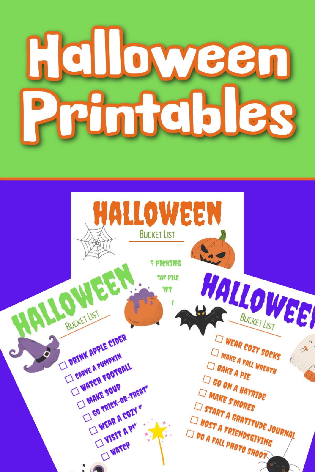 Halloween Bucket List- printables with orange, purple, green, text halloween accessories on a purple and green background - Kids Activities Blog