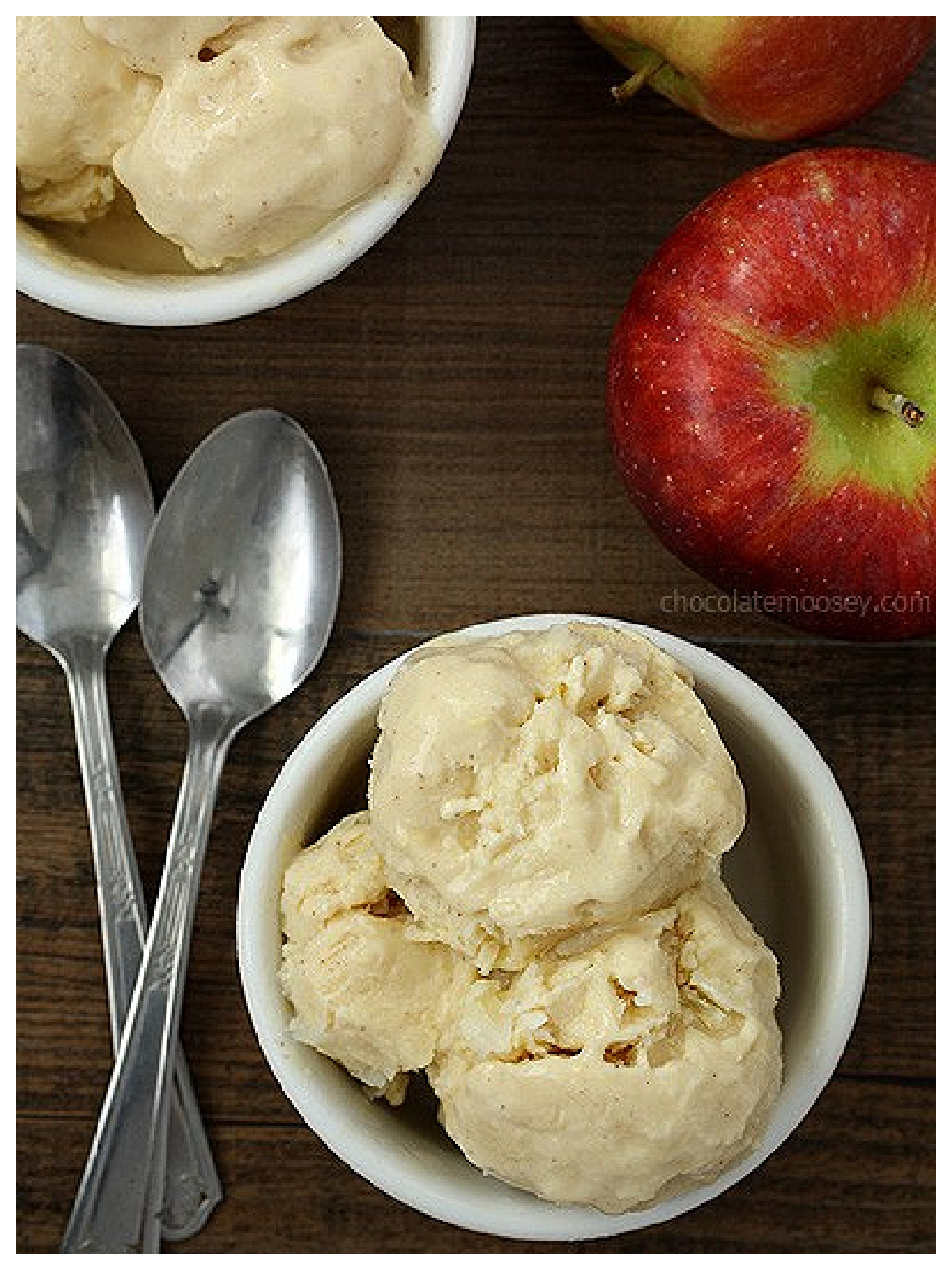 Apple Cider Recipes-spoons ice cream in a bowl and apples -Kids Activities Blog