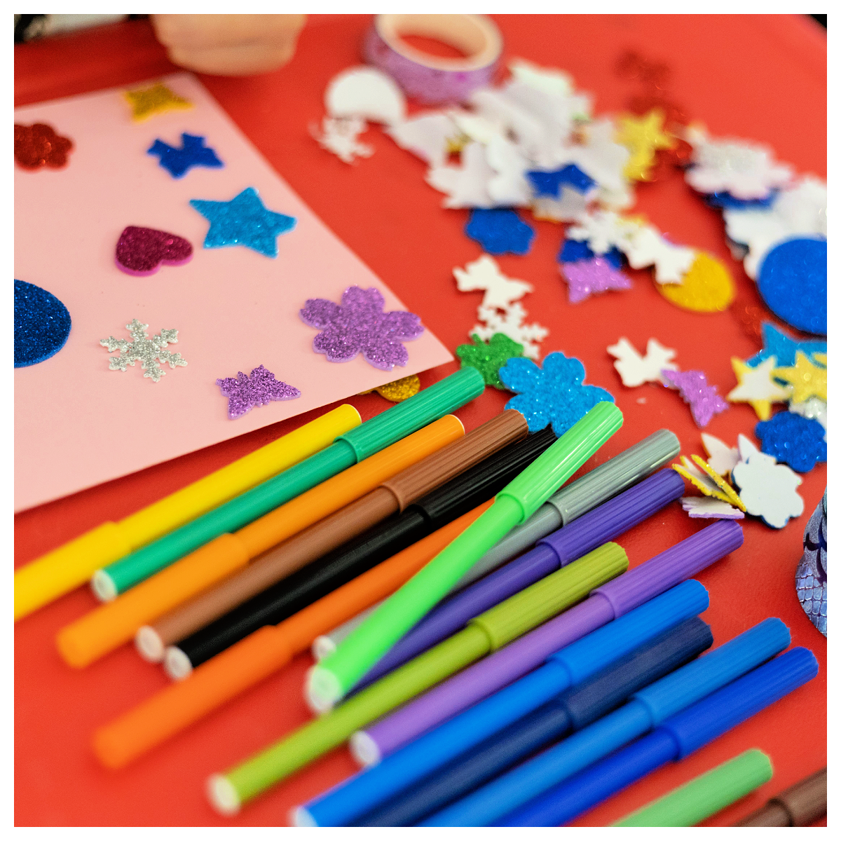 Craft Hacks- Markers, stickers, washi tape on a table-Kids Activities Blog