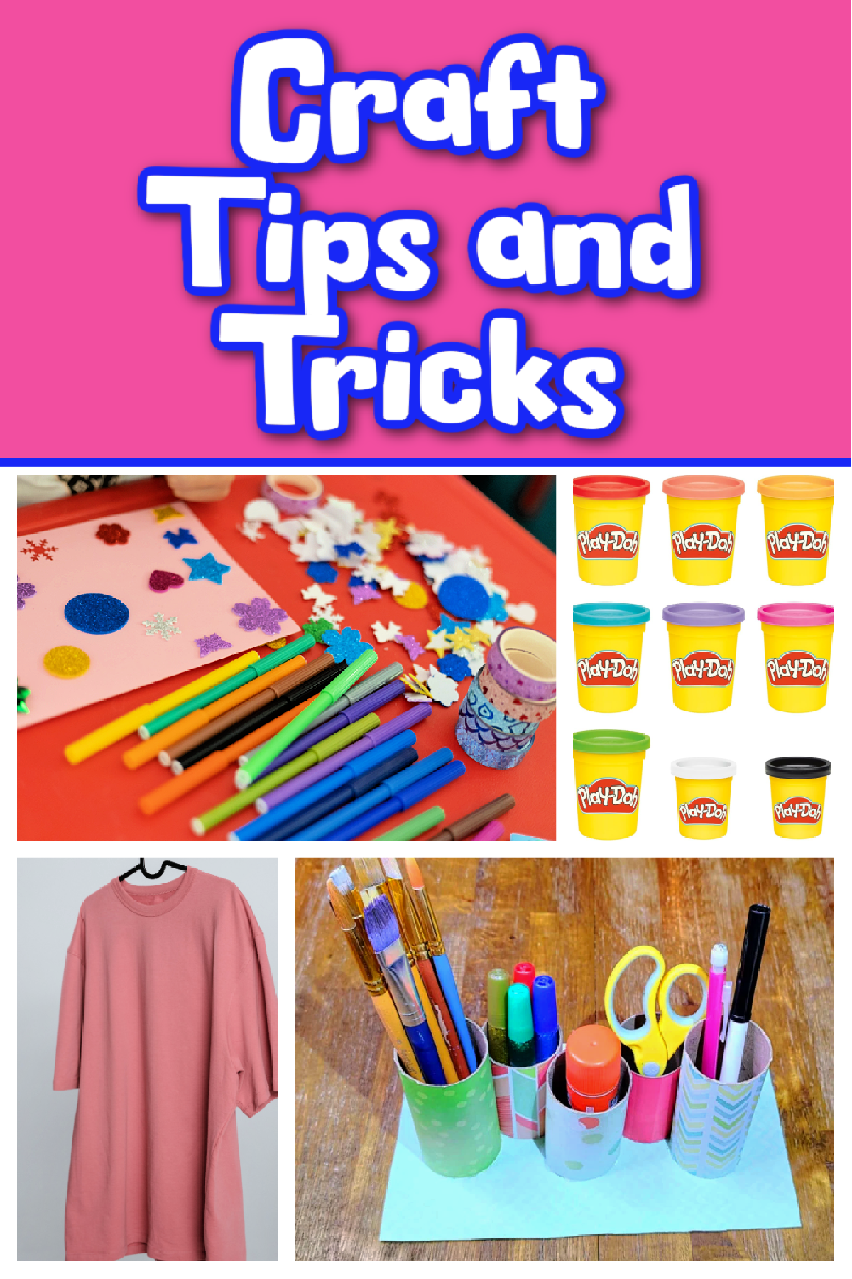 Craft Hacks- craft supplies, playdough, pink shirt, craft organizer made of cardboard and paper-Kids Activities Blog