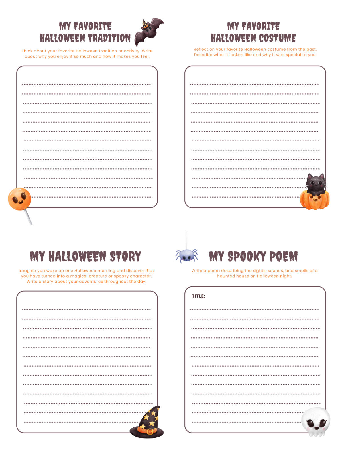 Halloween Activity Sheets- 4 writing prompts with lines and images and text- Kids Activities Blog