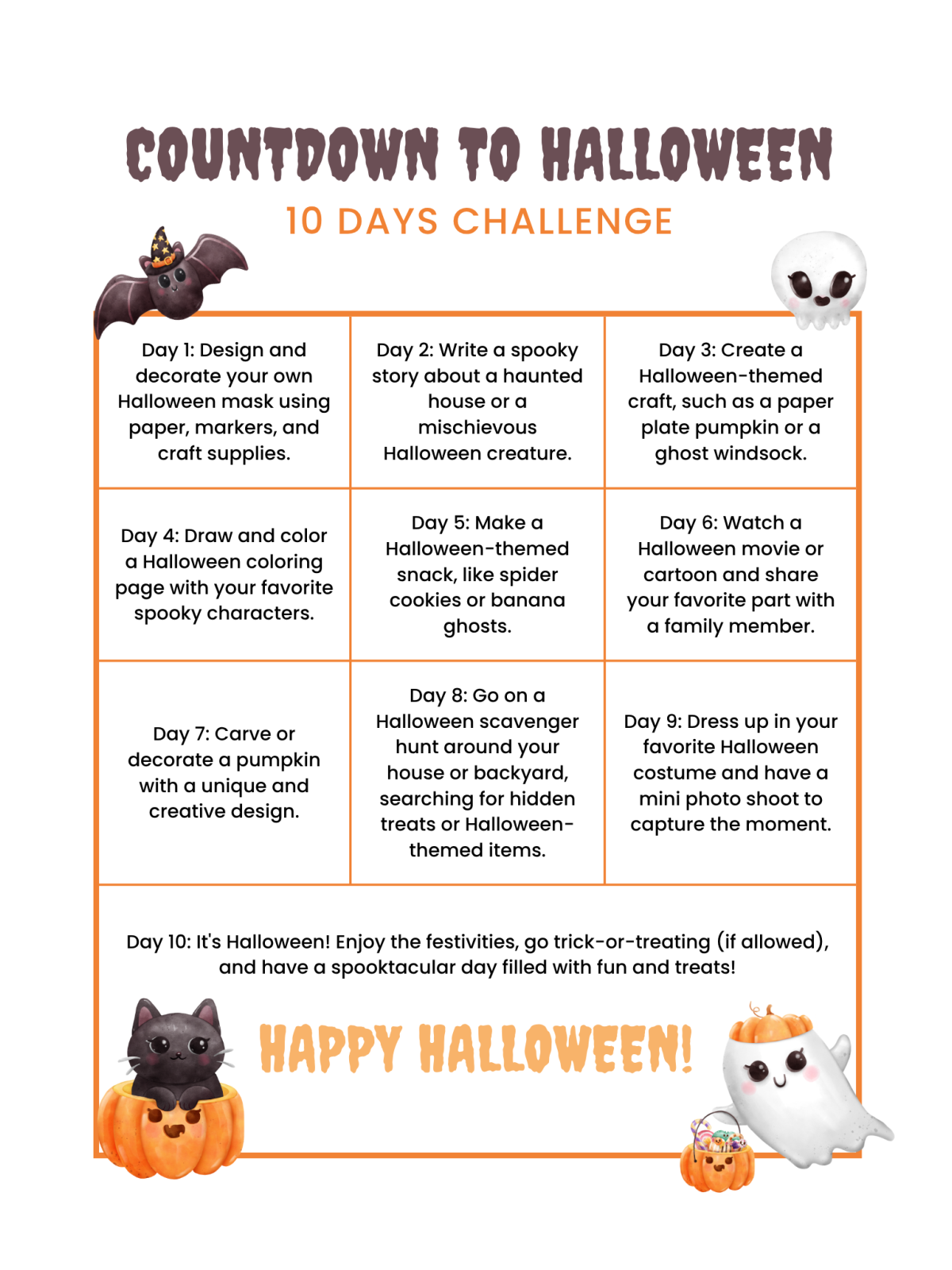 Halloween Activity Sheets- Squares with text and halloween images- Kids Activities Blog