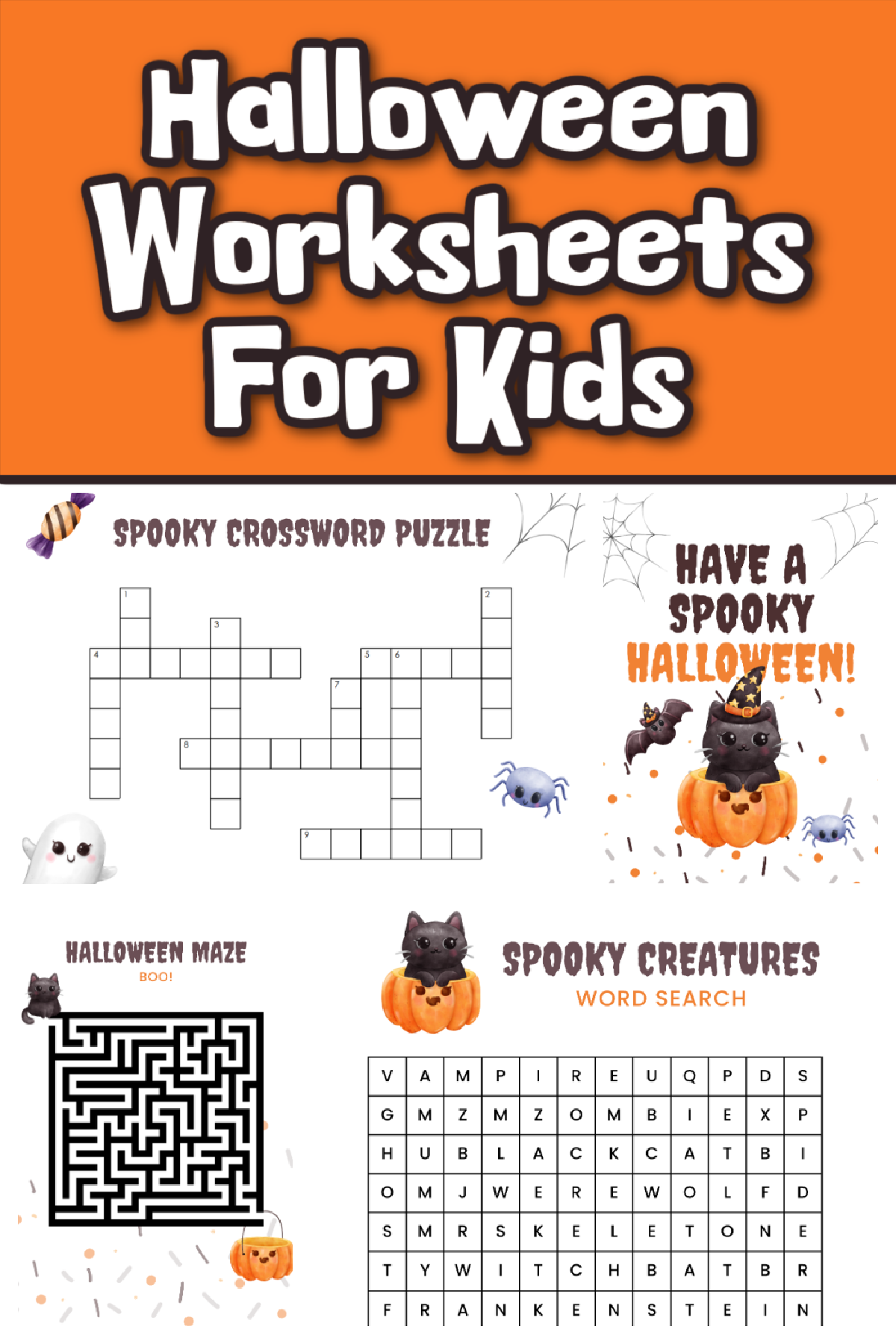 Halloween Activity Sheets- printables with text and images black and orange background - Kids Activities Blog