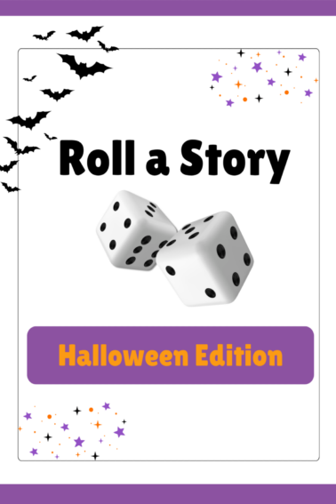 Halloween Roll A Story- cover with dice and bats and confetti - Kids Activities Blog