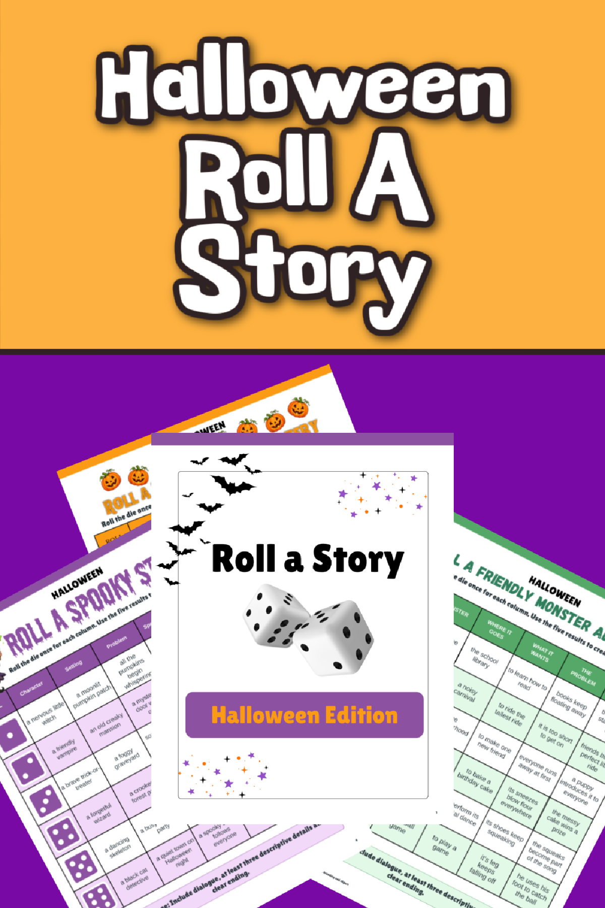 Halloween Roll A Story- printables with purple and orange background- Kids Activities Blog