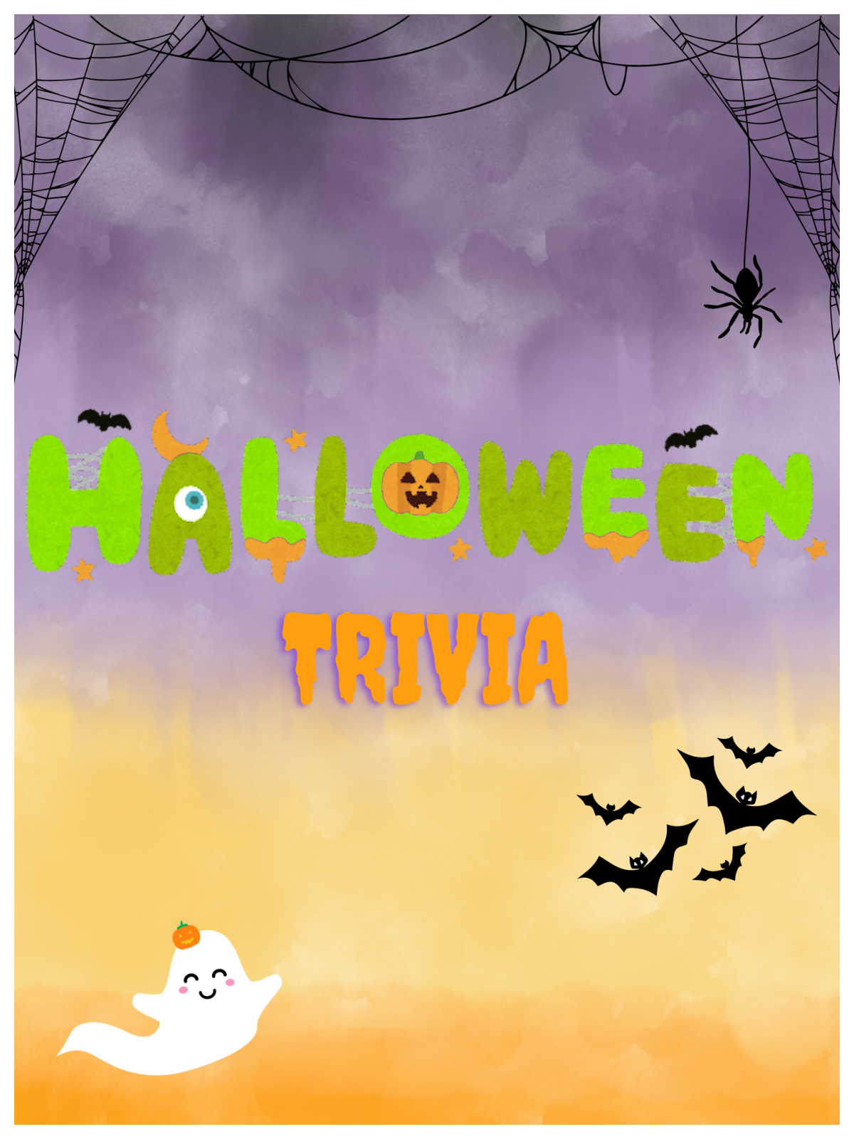 Halloween Trivia- cover with black purple yellow and orange, spiders, green words pumpkins ghost and bats- Kids Activities Blog