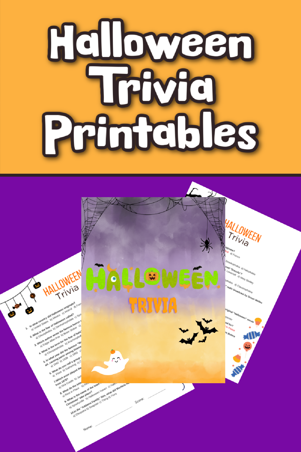 Halloween Trivia- cover and 2 printables on an orange and purple background- Kids Activities Blog
