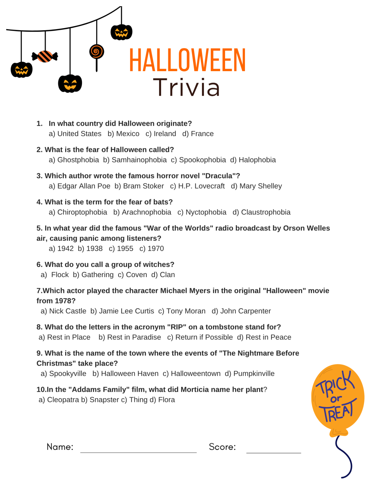 Halloween Trivia- trivia page with balloon and pumpkins and text- Kids Activities Blog