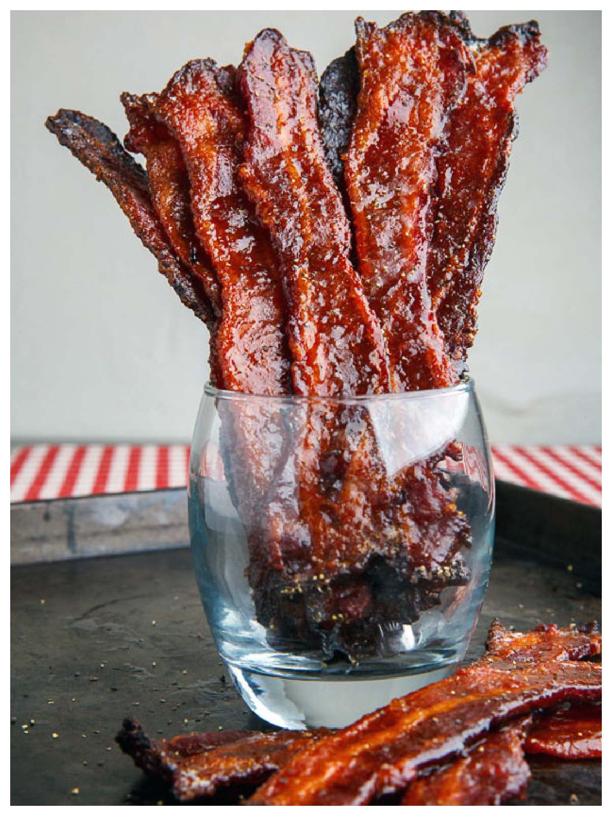 Maple Recipes - candied bacon in a glass on a table-Kids Activities Blog