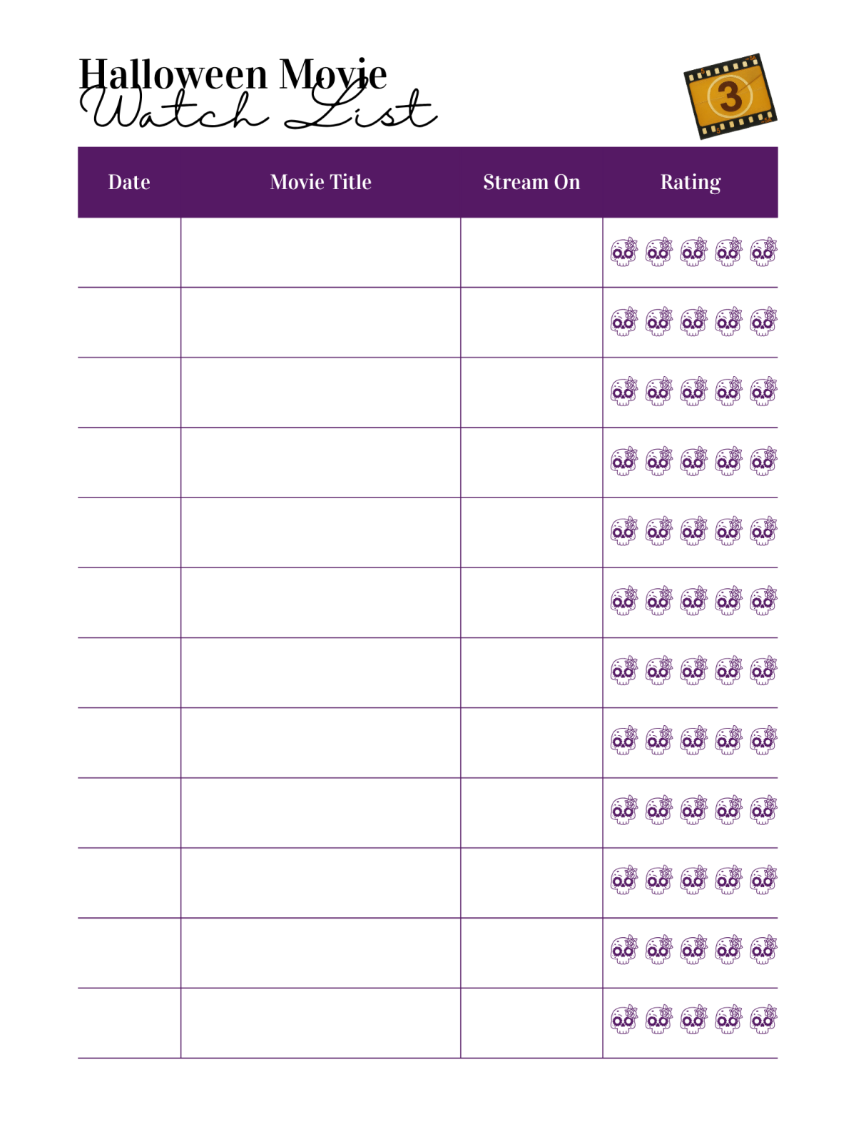 Halloween Movie- Watch list with purple, blanks, skulls-Kids Activities Blog