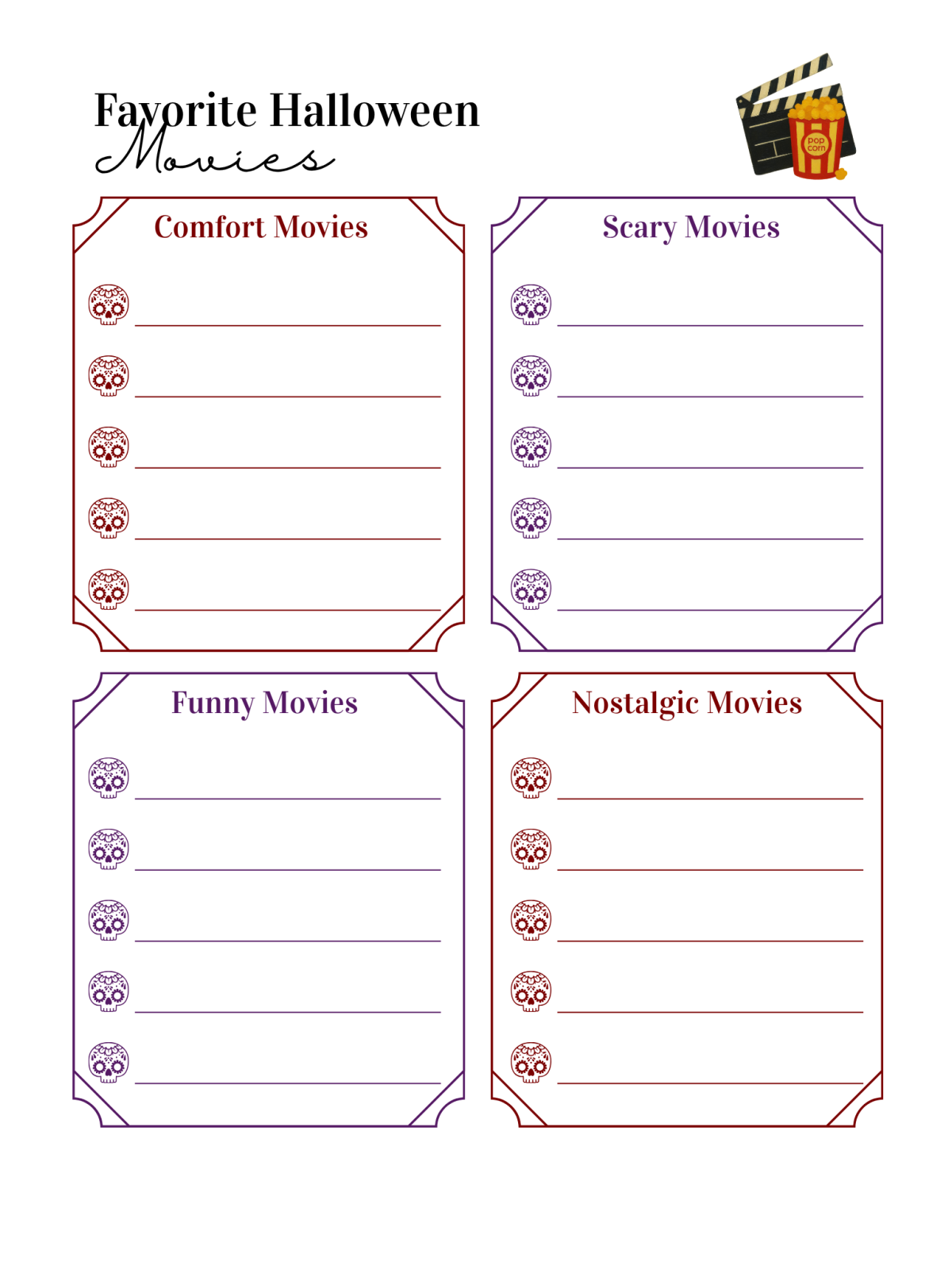 Halloween Movie- favorite movie with popcorn and blanks and skulls -Kids Activities Blog