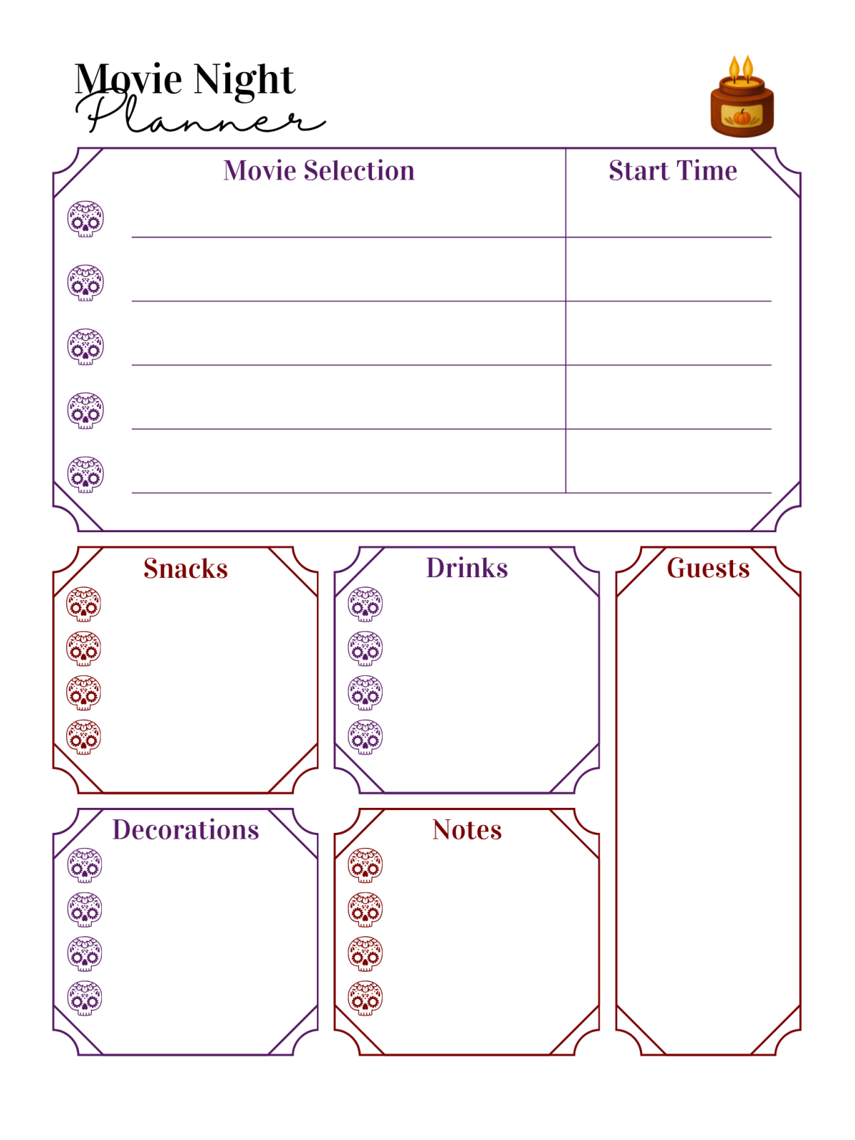 Halloween Movie- candles words and blanks and skulls-Kids Activities Blog
