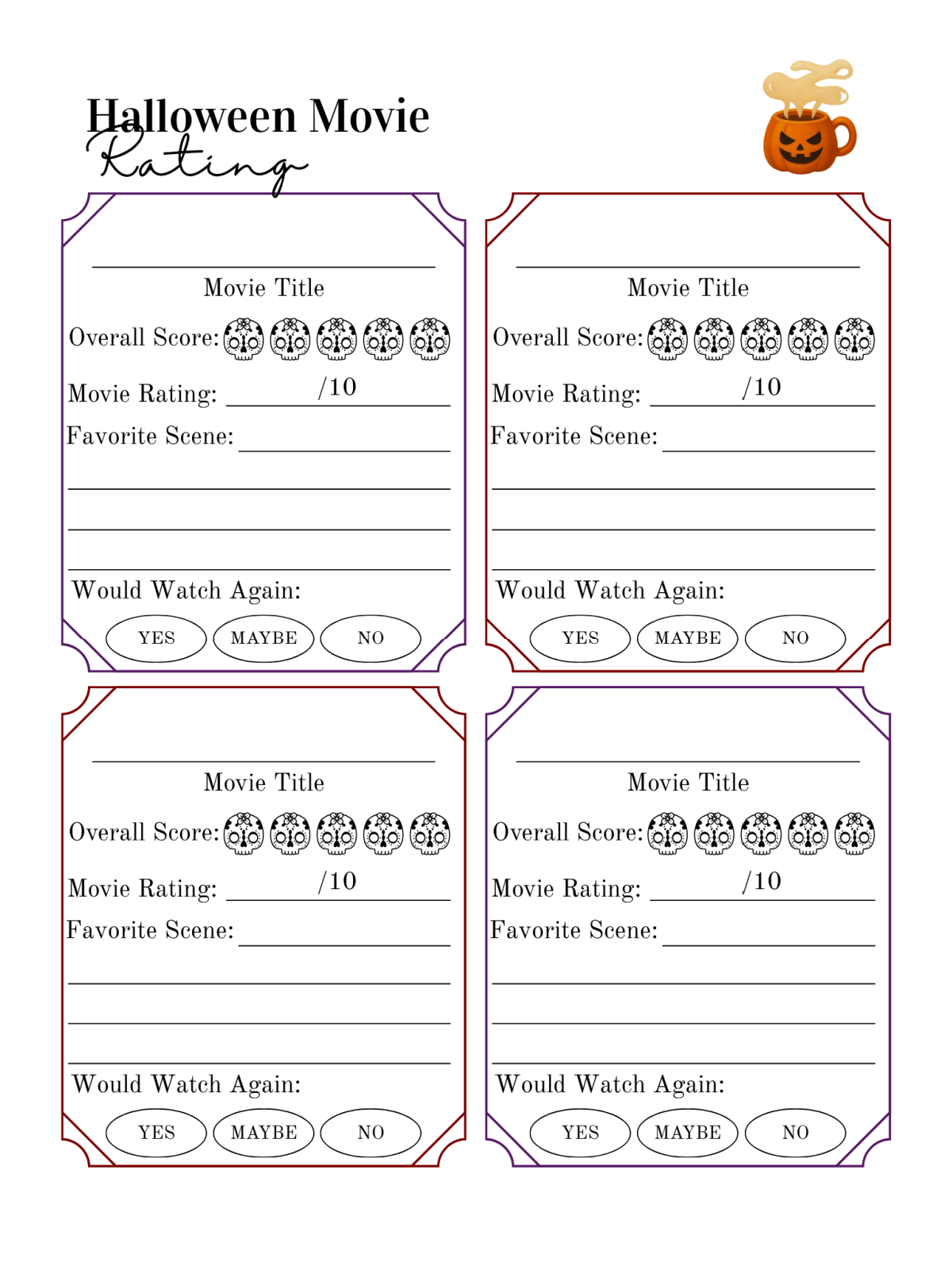 Halloween Movie- jack o lantern cup rating with blanks and skulls -Kids Activities Blog