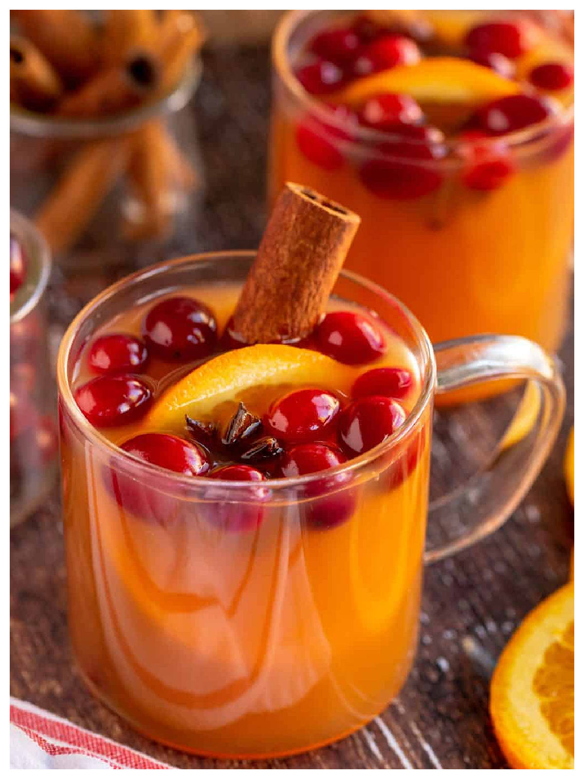 Apple Cider Recipes- cup with juice, spices, orange, and cranberries-Kids Activities Blog
