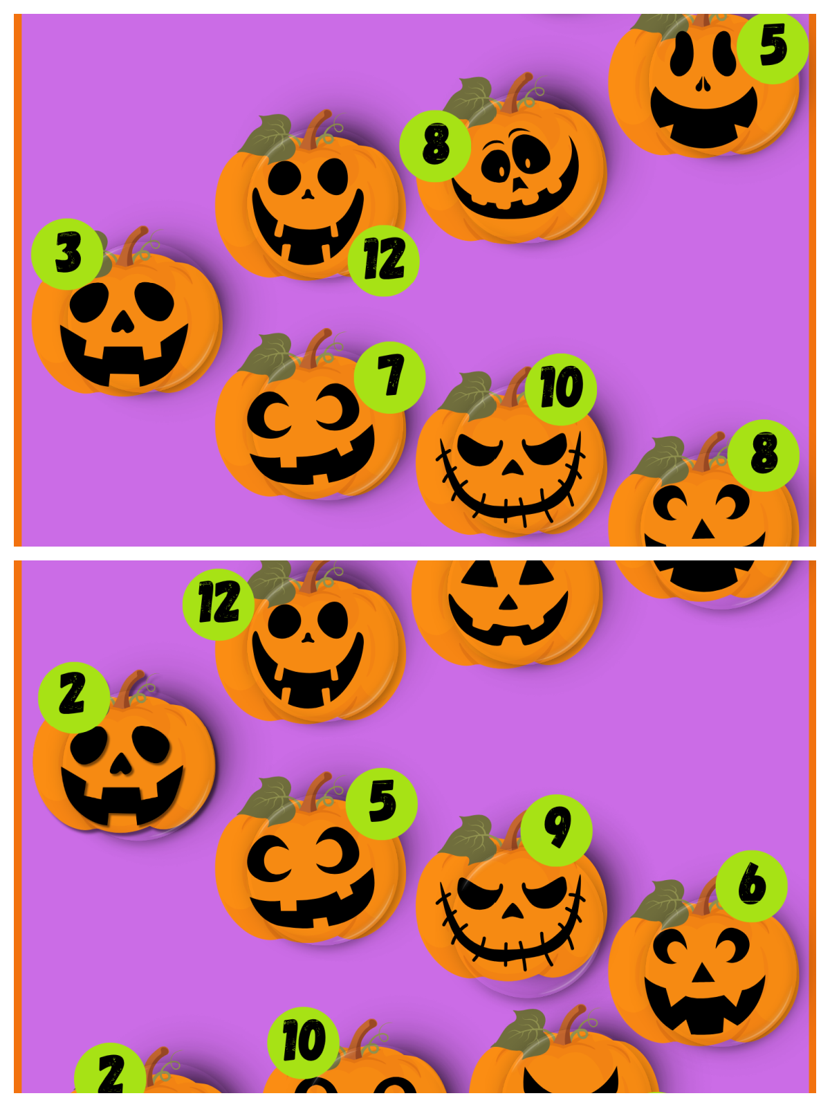 Halloween Pumpkin Smash Board Game- purple background, orange border, orange jack o lanterns, green numbers - Kids Activities Blog