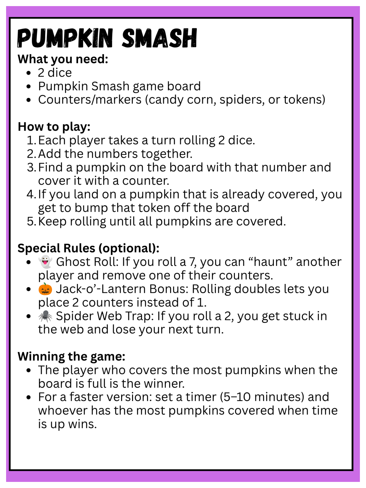Halloween Pumpkin Smash Board Game- instructions with black text and purple border - Kids Activities Blog